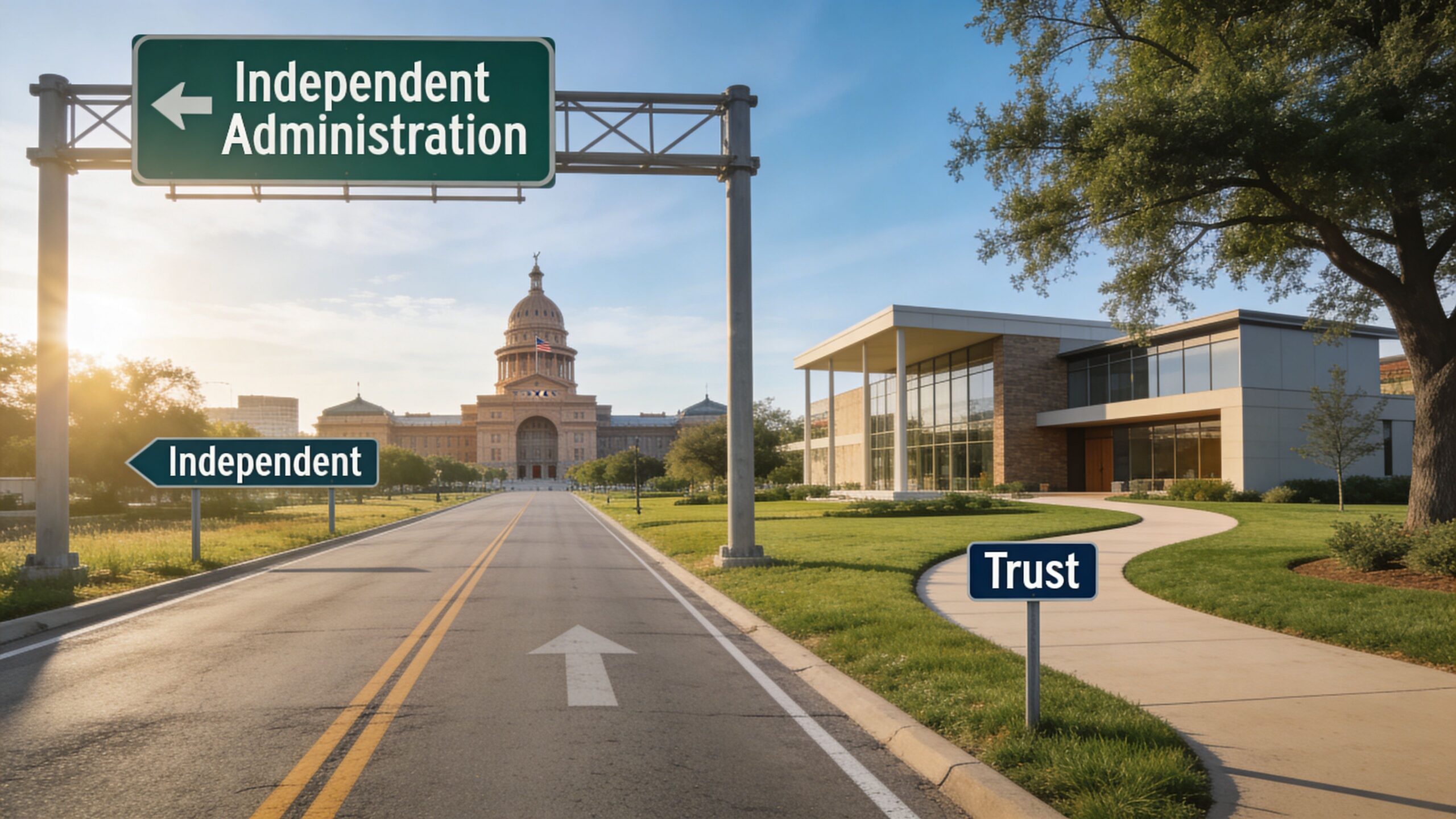 A highway leading to the Texas State Capitol with signage for Independent Administration and a Trust.