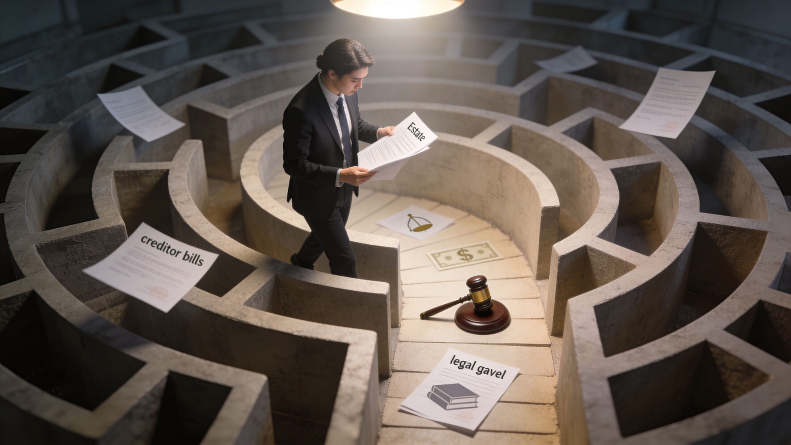 A businessman in a suit navigates a maze while holding legal documents representing estate and creditor issues.