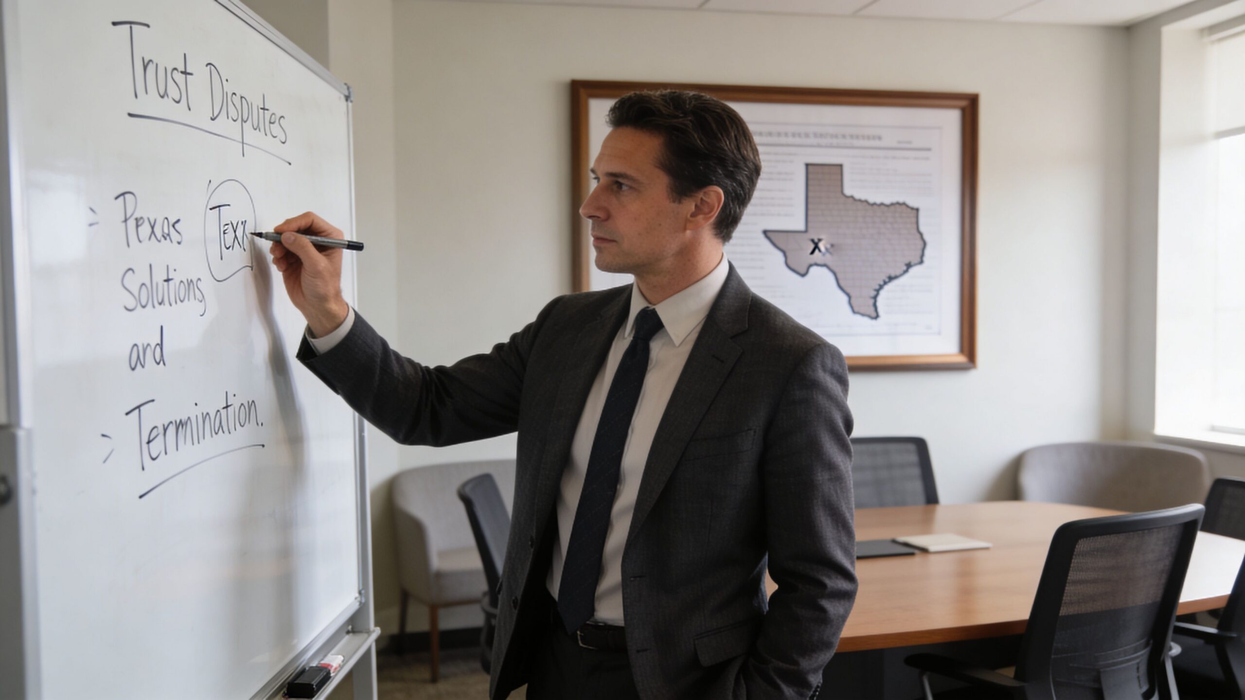 A professional man in a suit writing trust dispute topics on a whiteboard in an office.