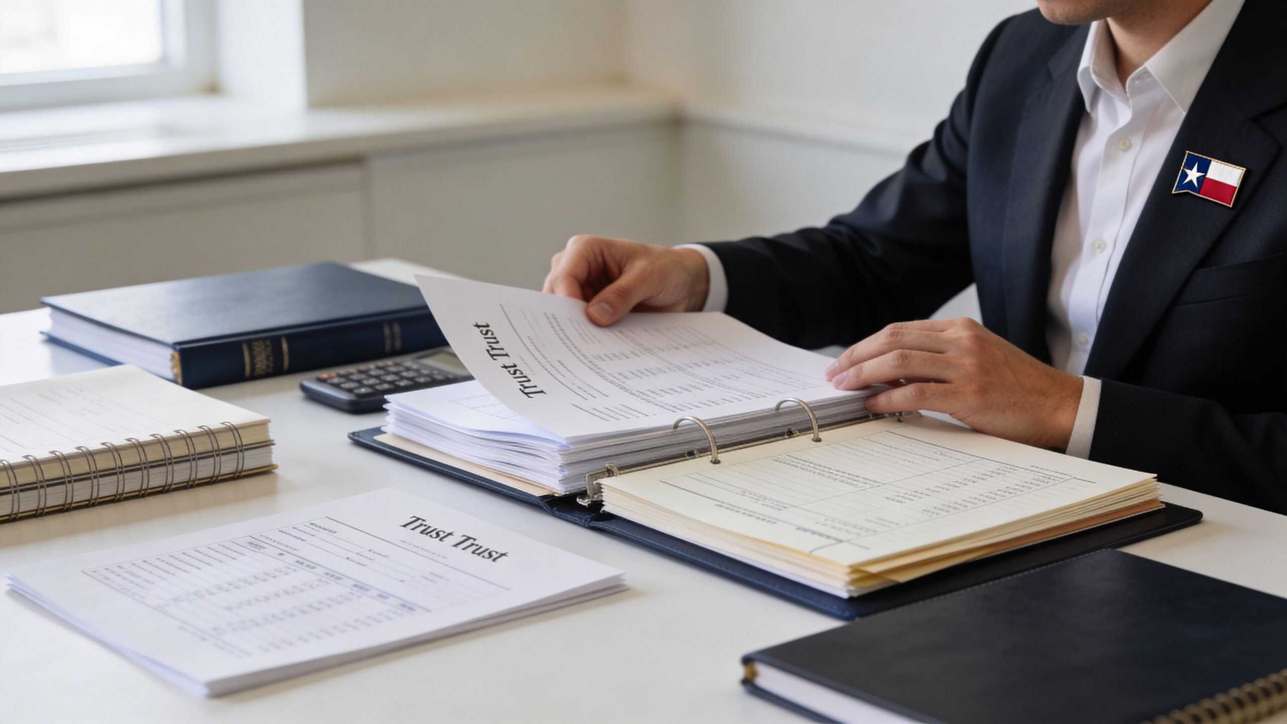 A professional in a suit reviewing legal trust documentation on a desk in a bright office setting.