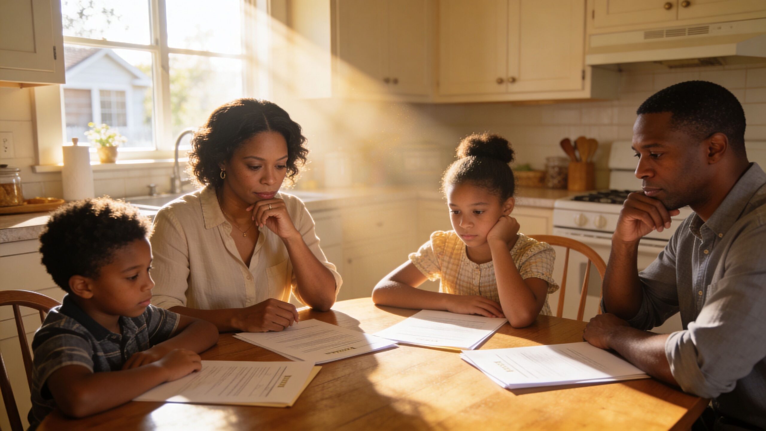 A concerned family sits at a kitchen table reviewing legal documents together in a sunlit room.
