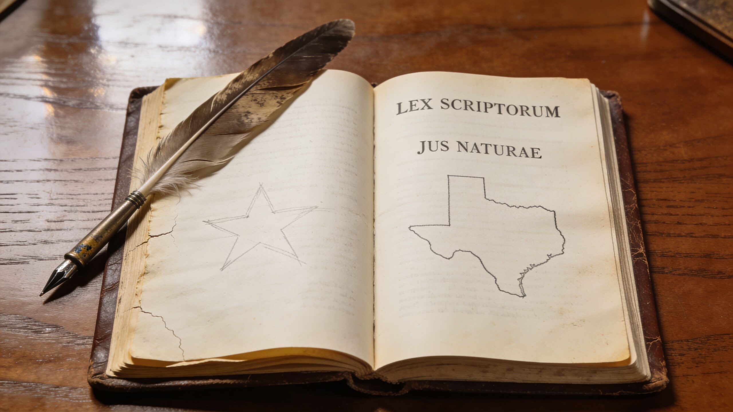 An open antique book on a wooden desk displaying a star sketch and the state of Texas outline.