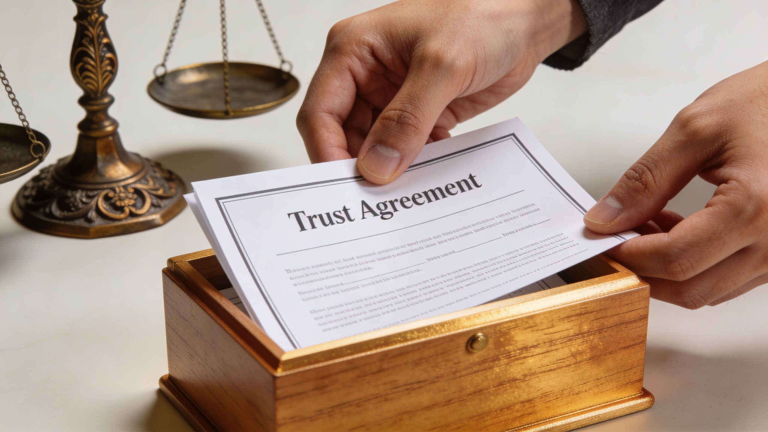 A person holding a legal trust agreement document over a wooden box with scales of justice nearby.
