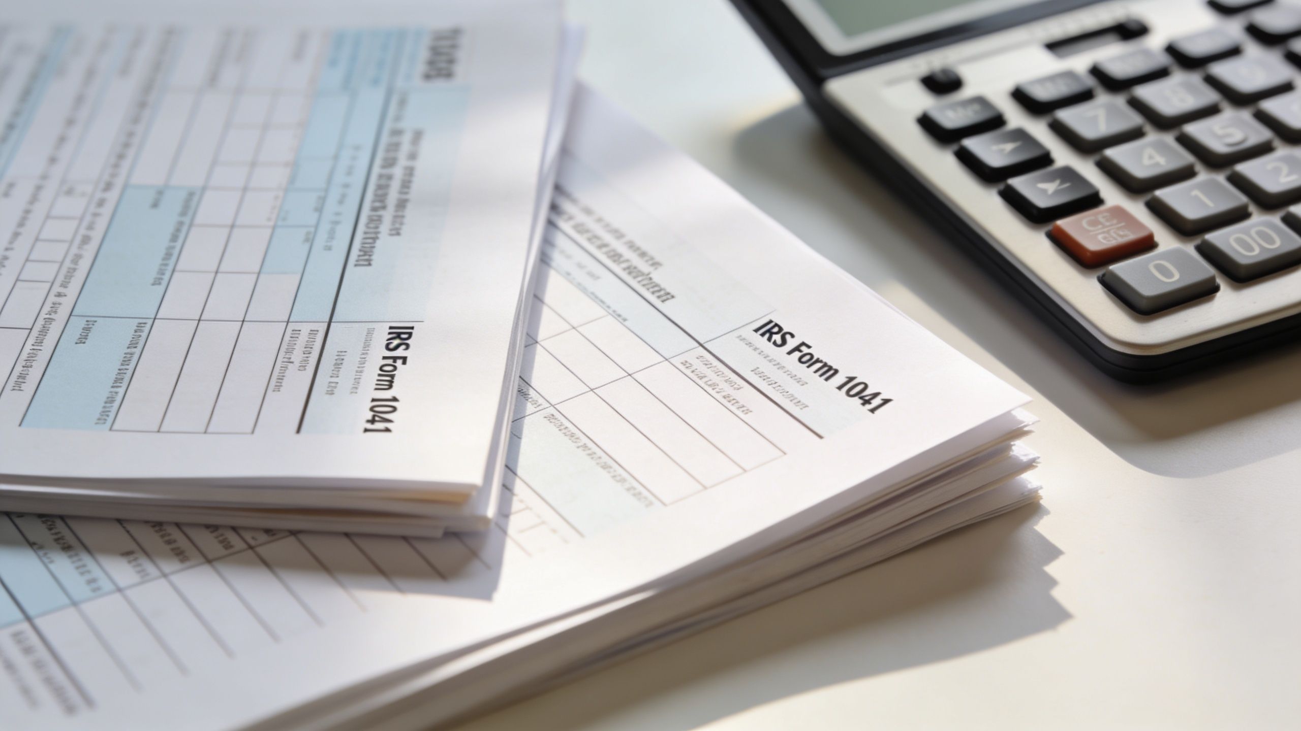 A stack of IRS Form 1041 tax documents and a calculator on a white desk.