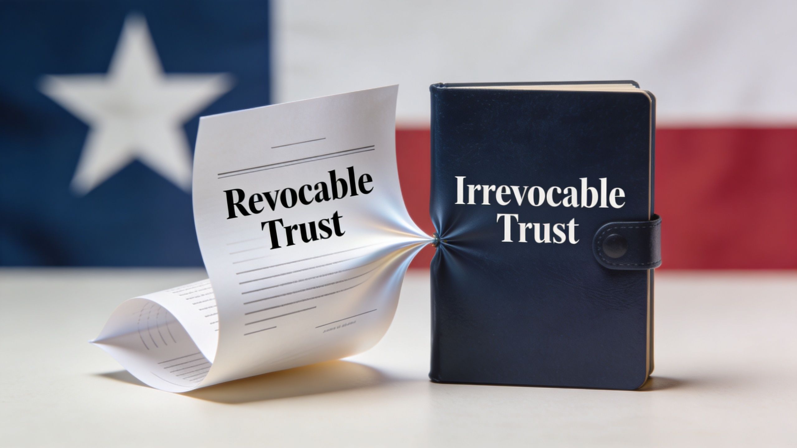 A document labeled Revocable Trust transitioning into a closed book titled Irrevocable Trust before a Texas flag.