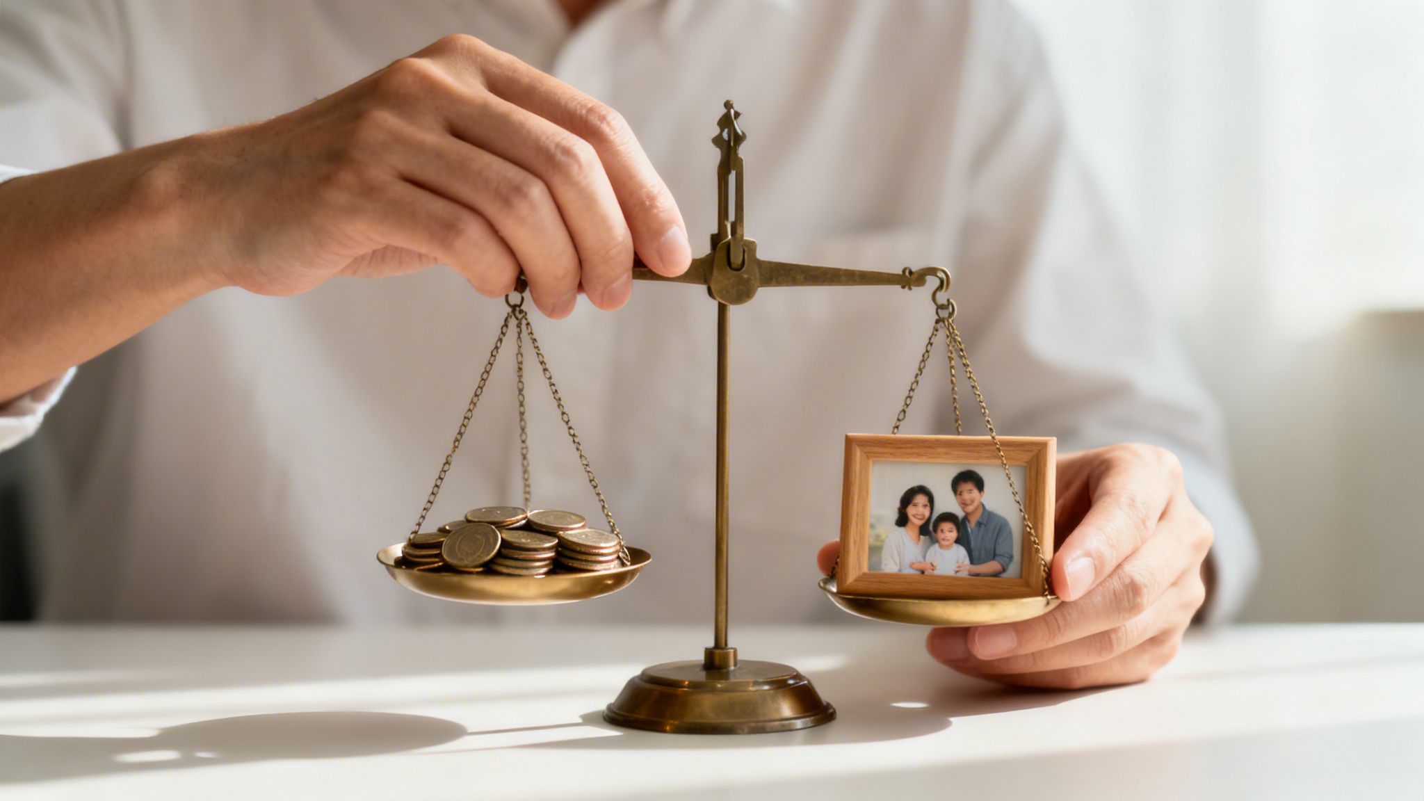 A person balances a scale with coins on one pan and a framed family photo on the other, symbolizing life priorities.