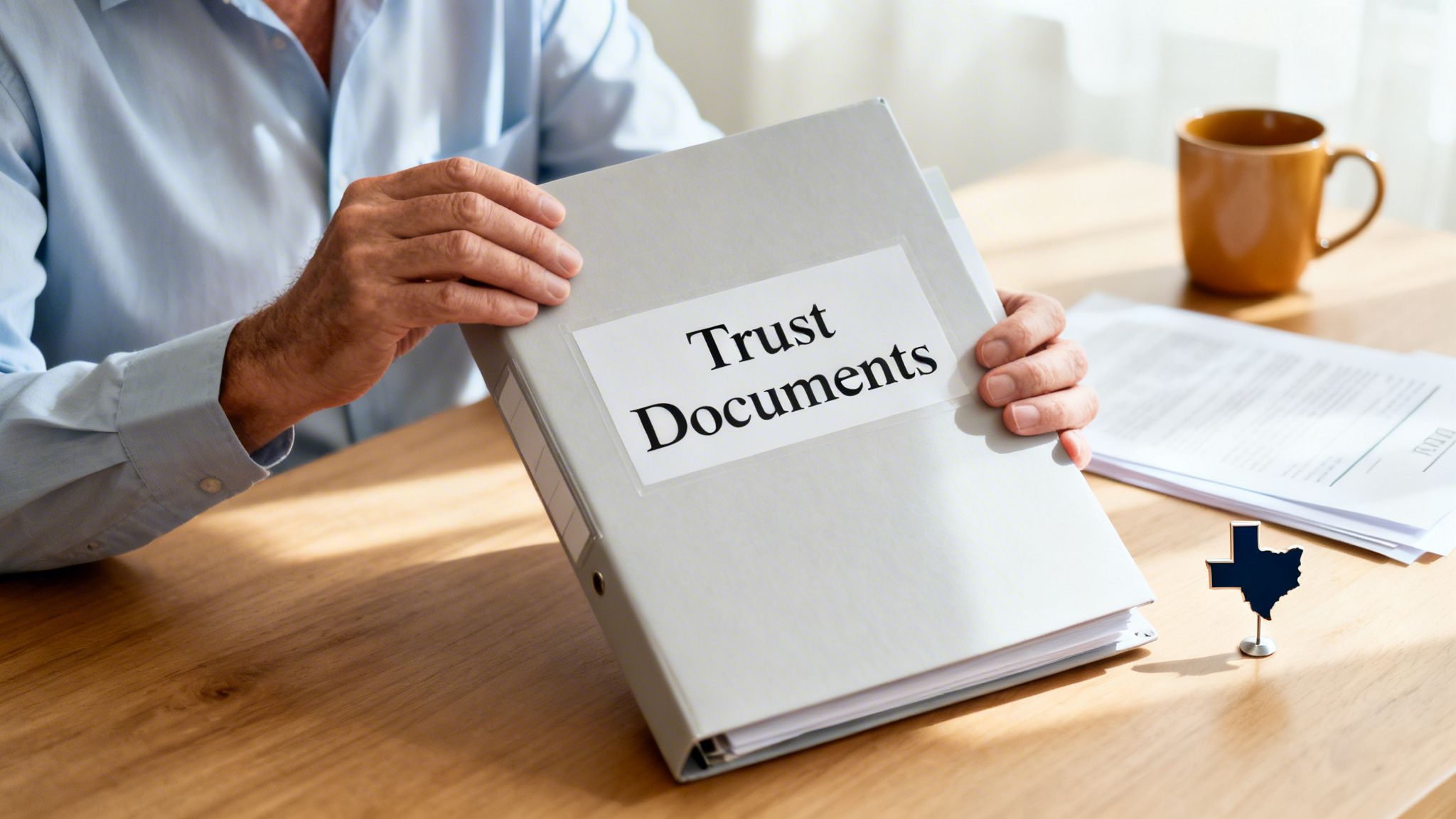 A person holds a gray binder labeled 'Trust Documents' on a wooden desk with a Texas state pin.