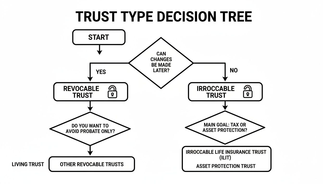 A decision tree flowchart explaining different types of trusts based on revocability and goals.