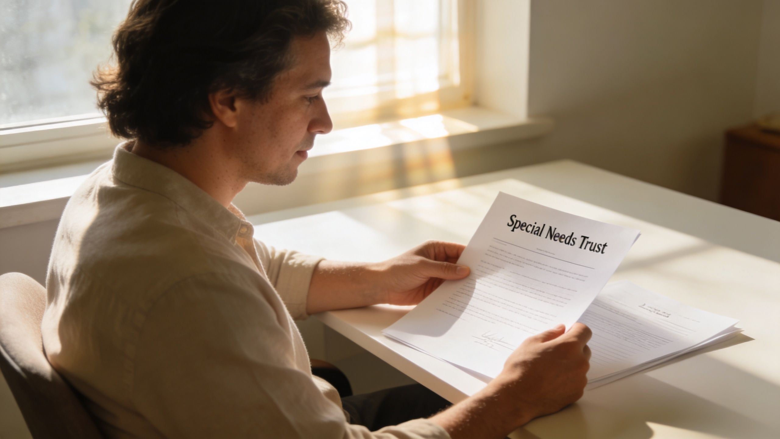 A man in a light shirt sitting at a white desk reviewing a Special Needs Trust document.