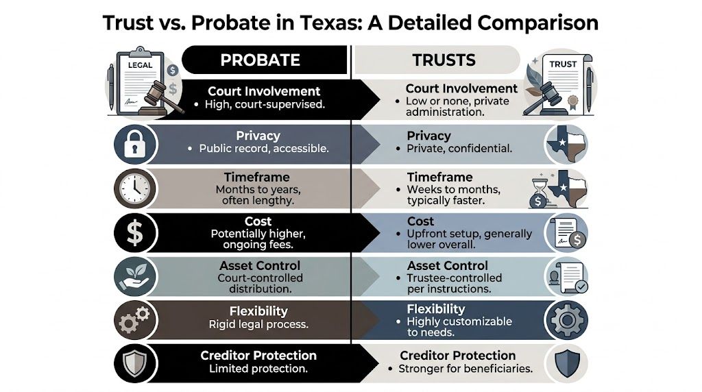 A comparison chart outlining the key differences between trust and probate legal processes in Texas.