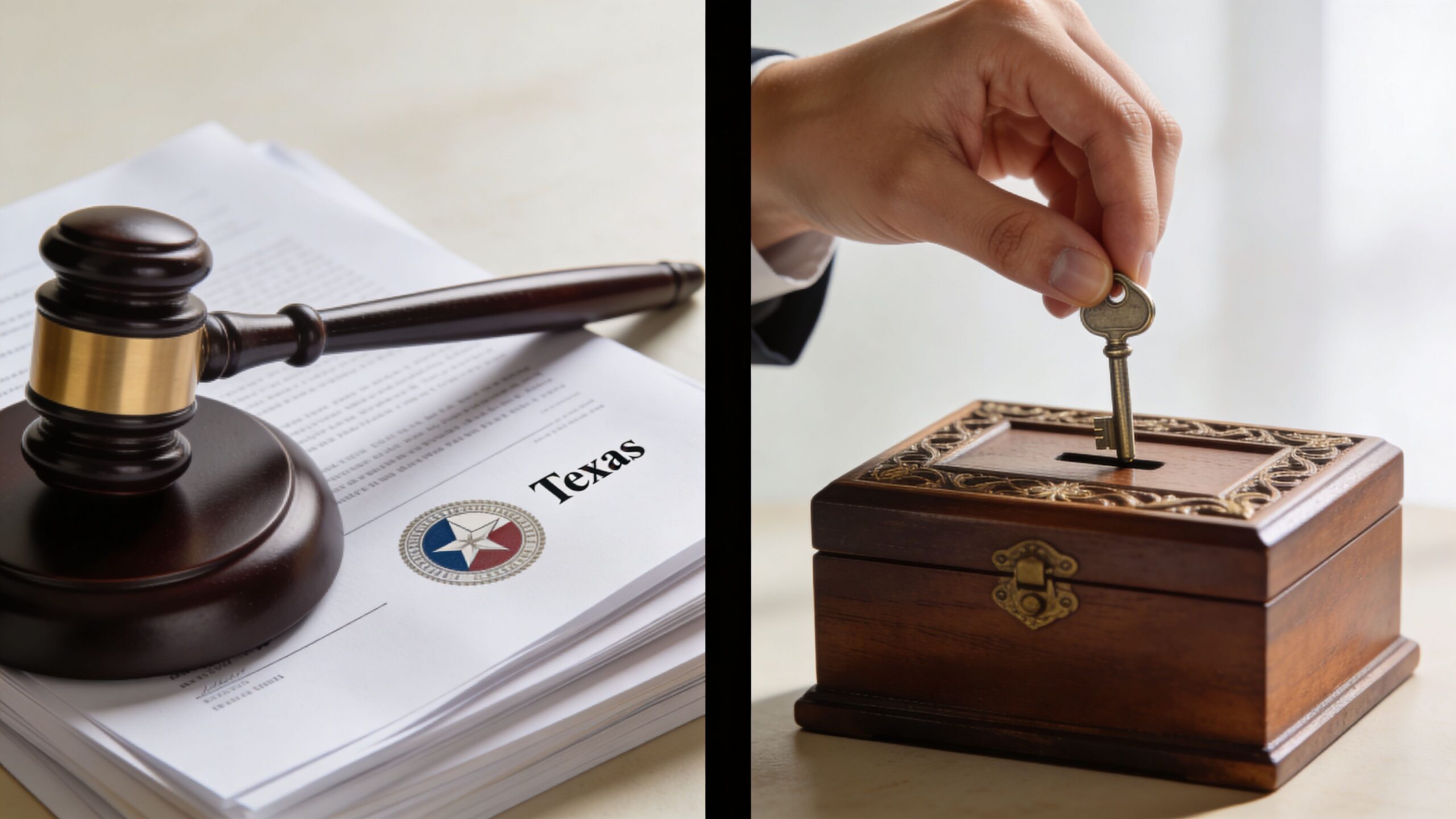 A gavel resting on legal documents next to a hand inserting a key into a wooden box.