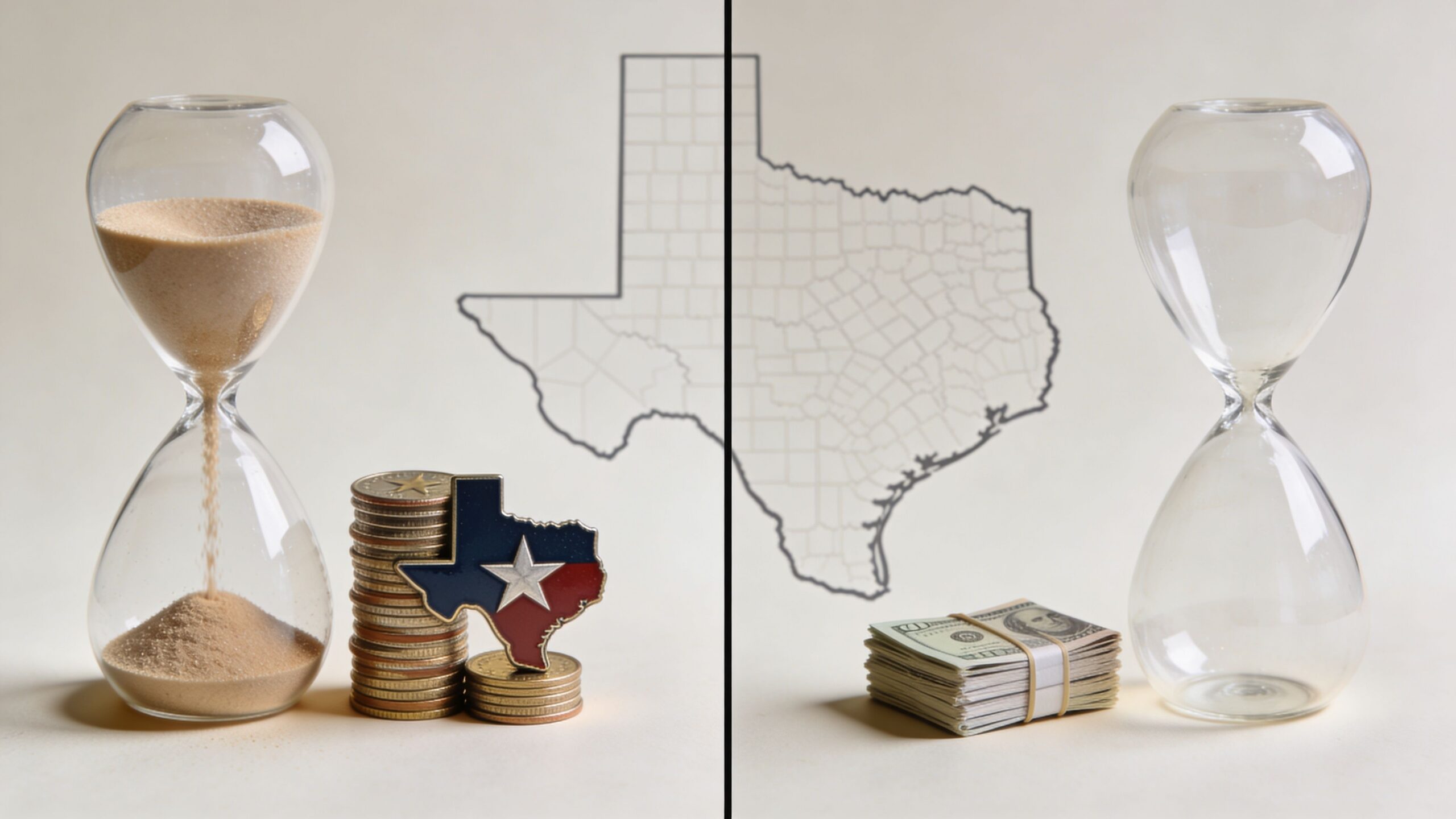 Hourglasses, a stack of coins, and money representing Texas probate and estate trust financial timelines.