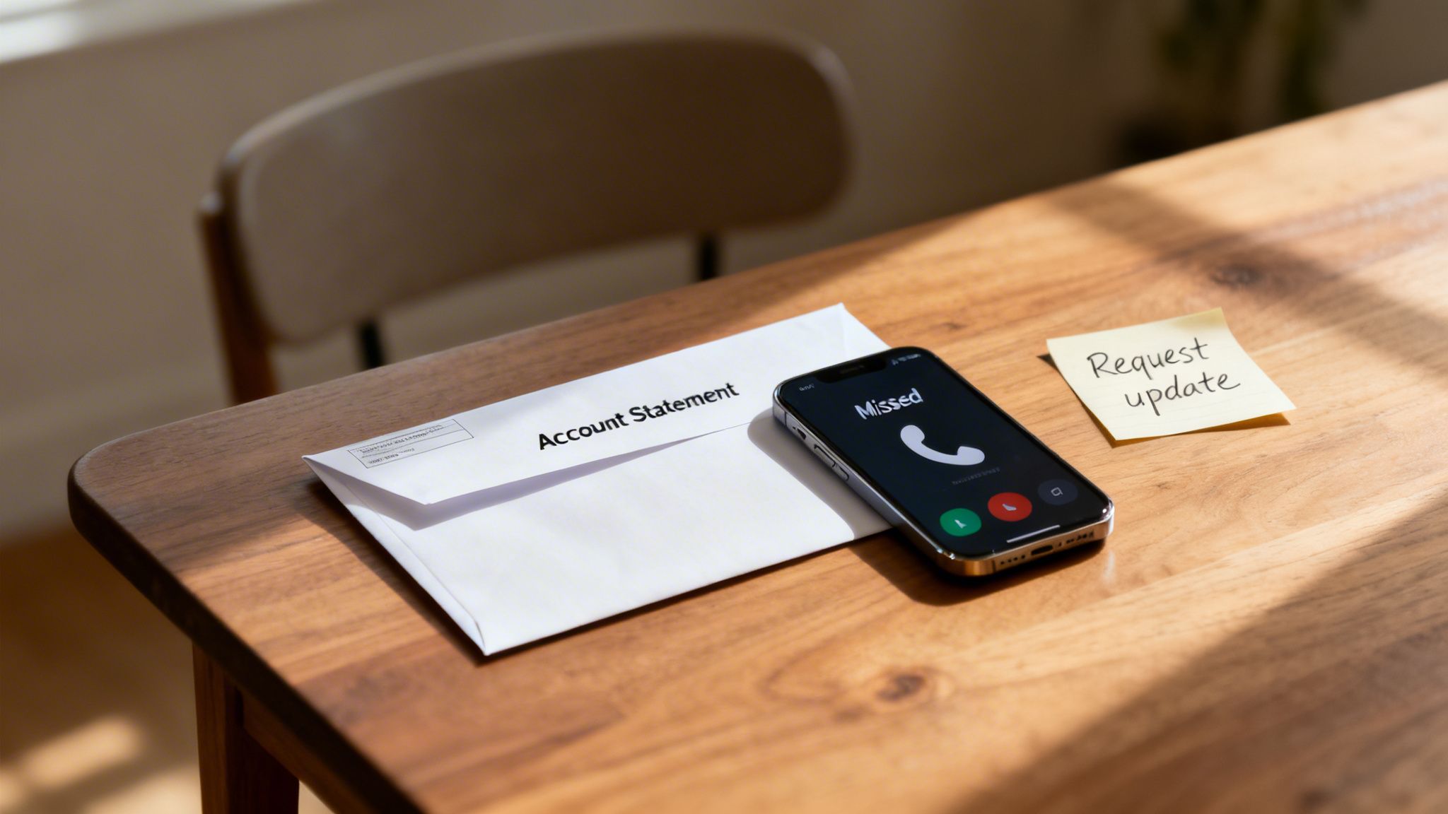 Envelope with 'Account Statement', phone with missed call, and 'Request update' note on a wooden table.
