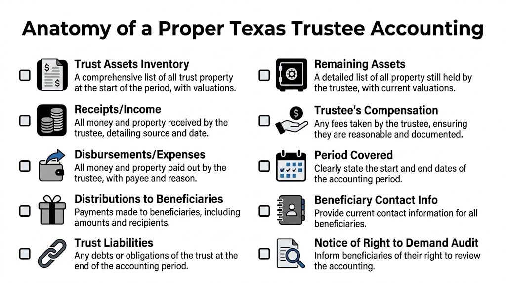 A checklist illustrating the necessary components of a formal trustee accounting document under Texas state law.