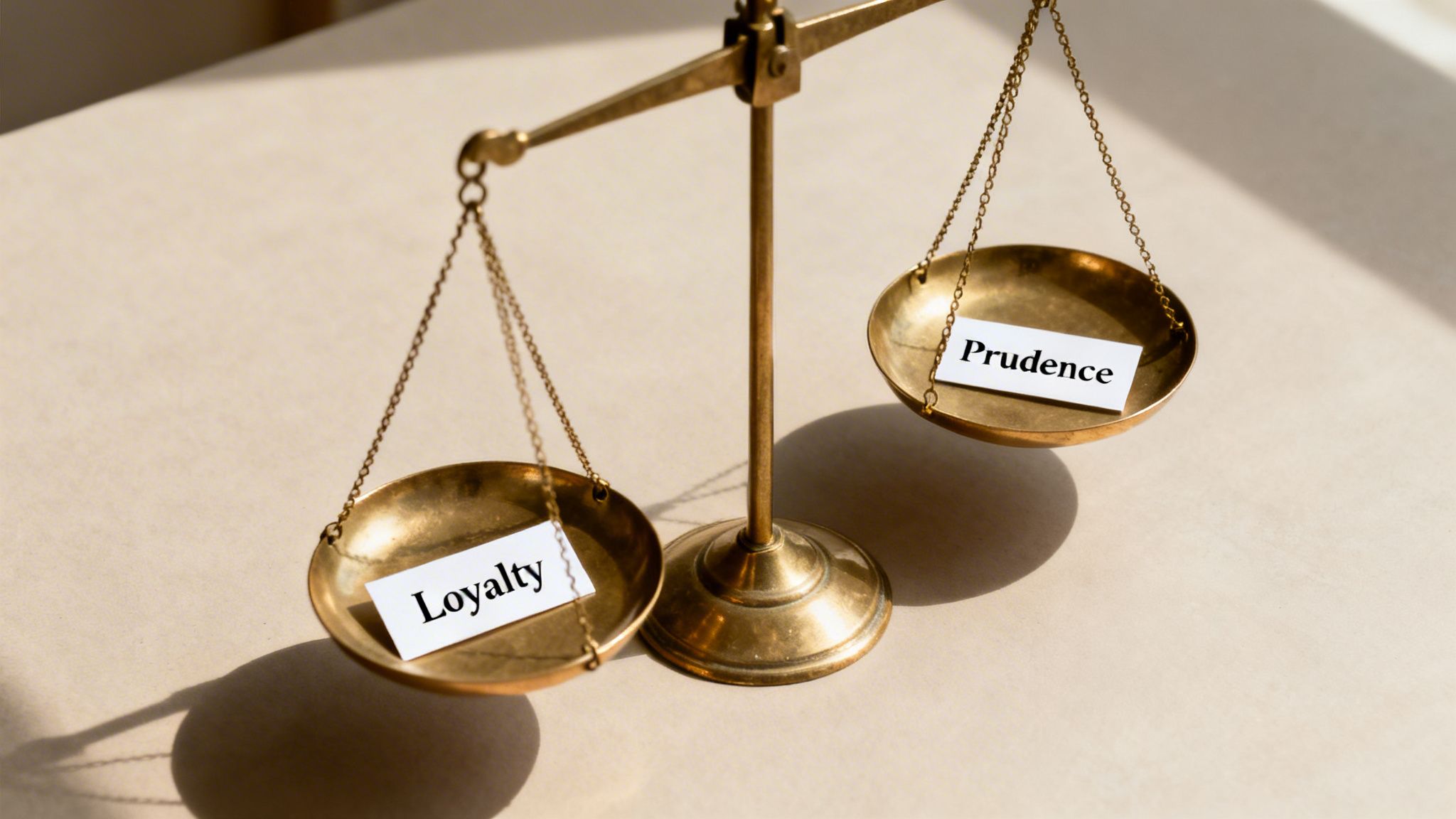A balanced brass scale with white cards labeled 'Loyalty' and 'Prudence' in its pans.