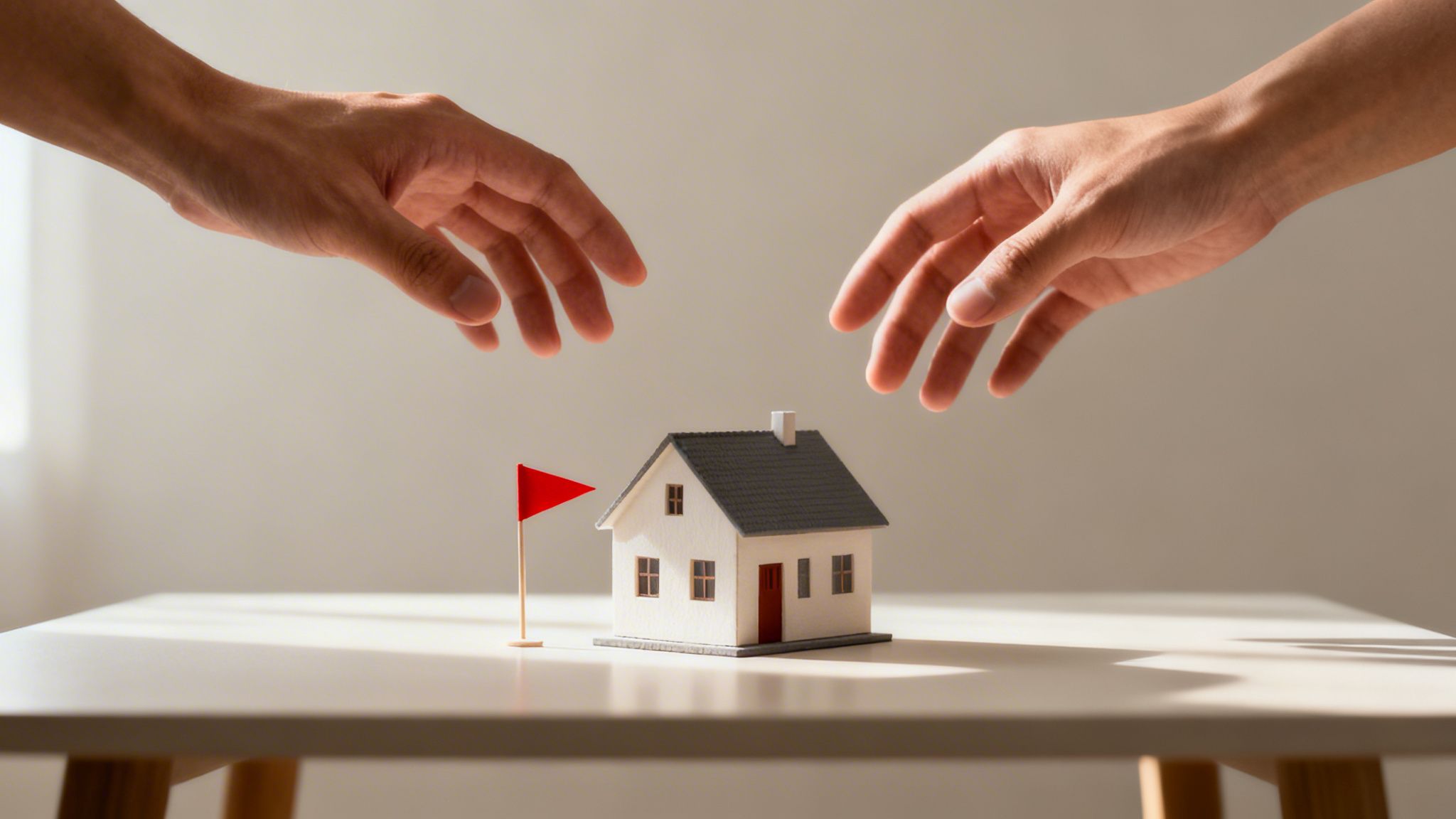 Two hands reaching towards a small model house and a red flag on a white table, symbolizing property conflict.