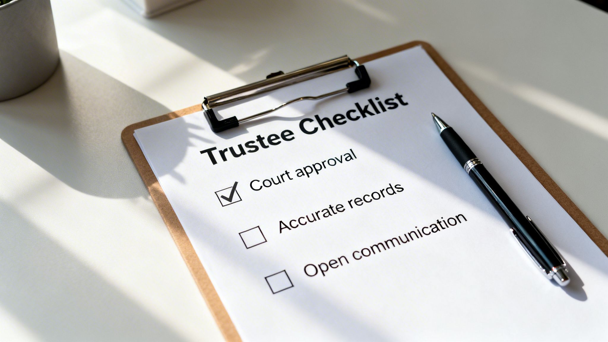 Close-up of a 'Trustee Checklist' on a clipboard with a pen, showing checked 'Court approval'.