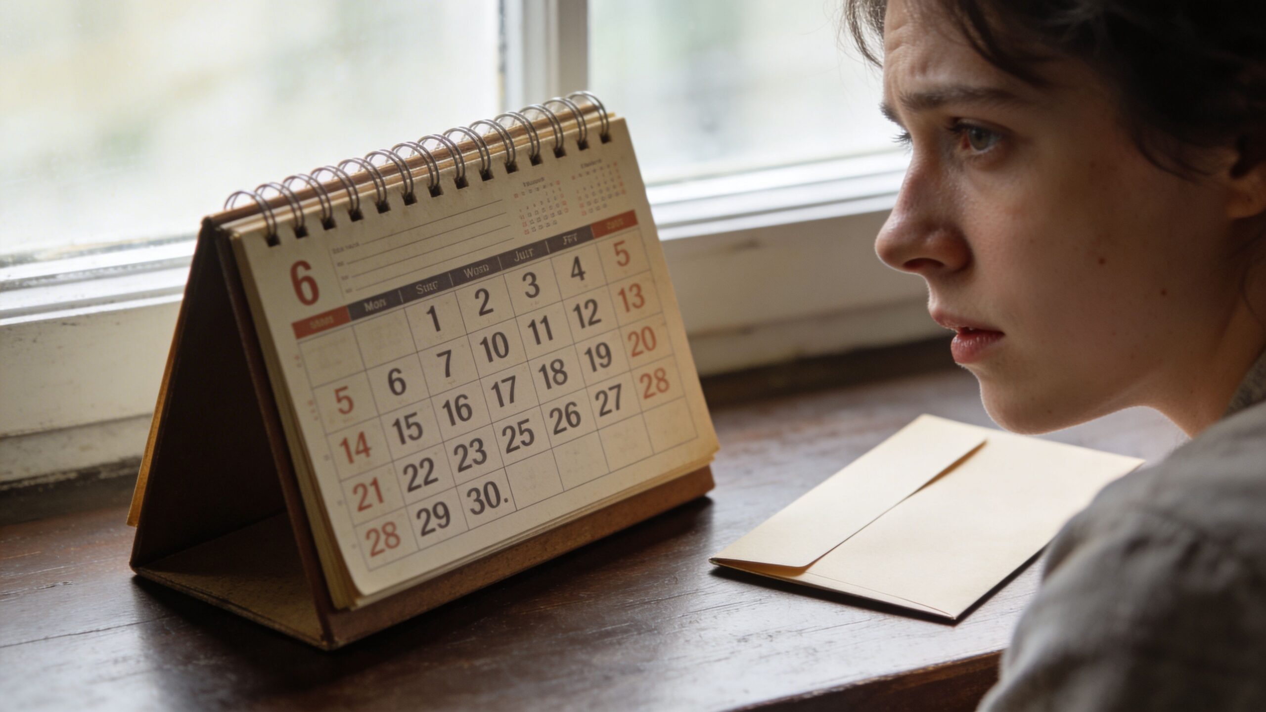 A concerned woman looks at a calendar on a wooden table next to an unopened envelope.