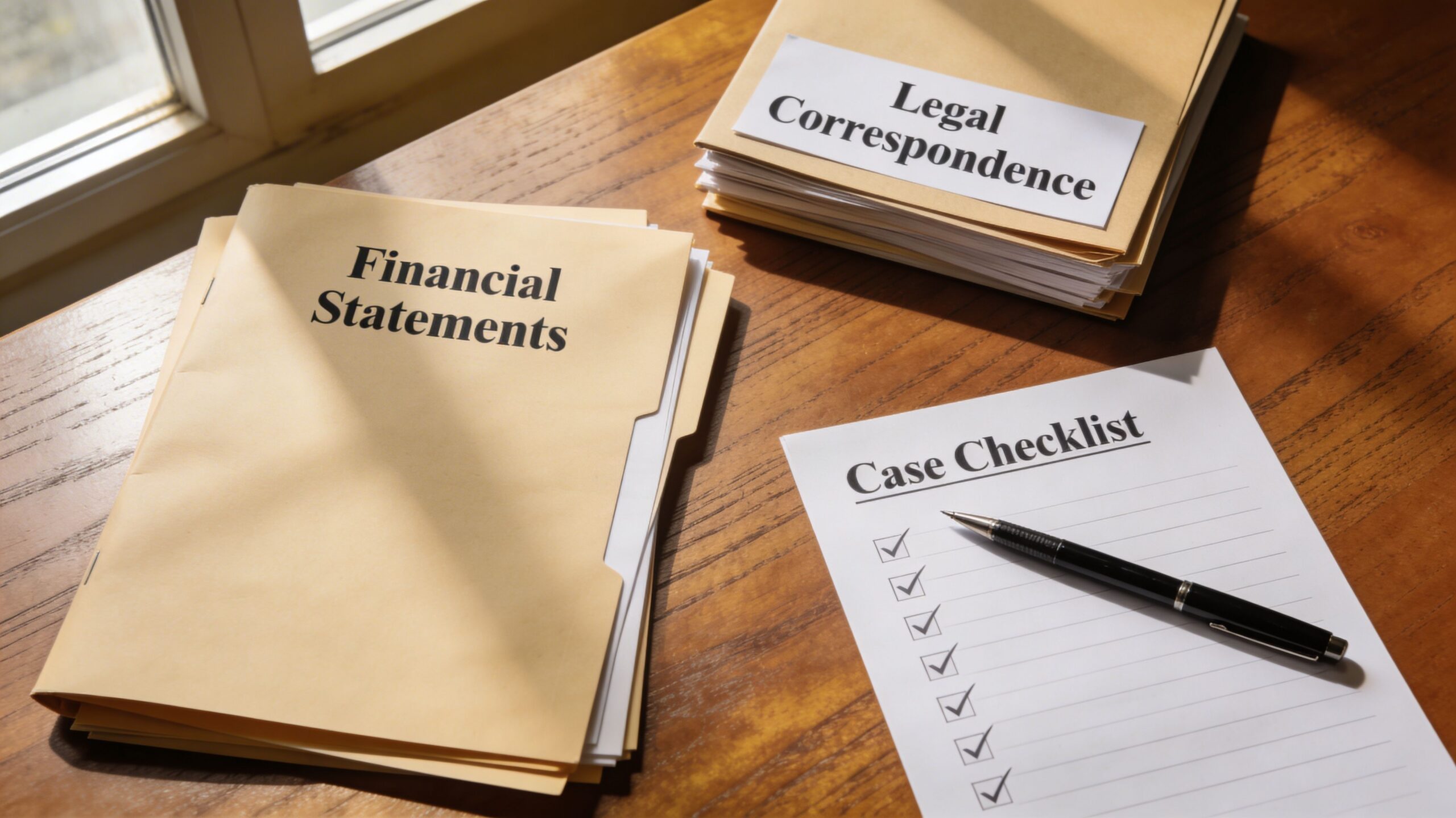 A wooden table featuring organized legal documents, financial statement folders, and a case checklist with a pen.