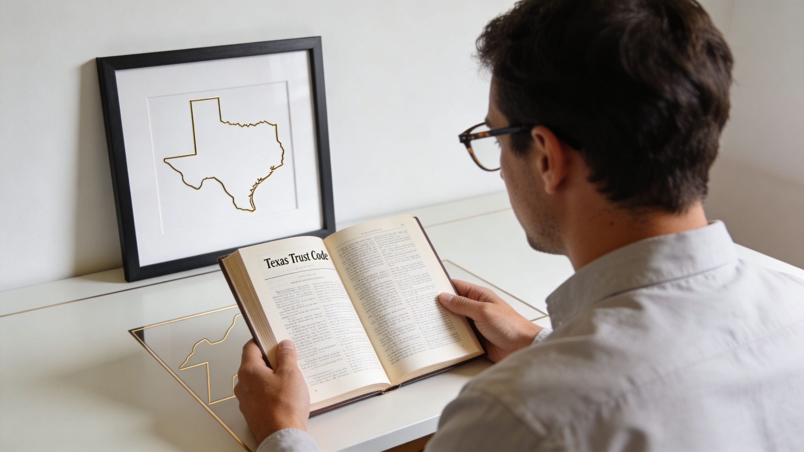 A man in glasses reading a book titled Texas Trust Code next to a map of Texas.