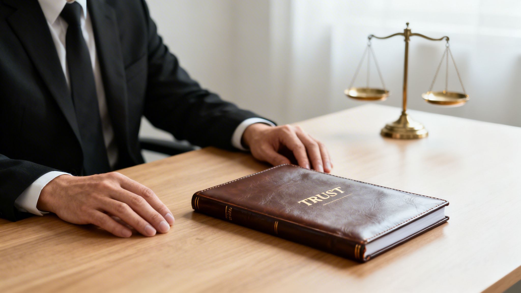 A professional in a suit sits at a desk with a 'TRUST' book and a scale of justice.