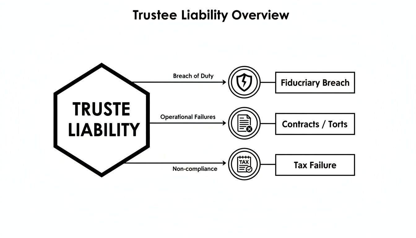 Flowchart outlining trustee liability types: fiduciary breach from duty, contracts/torts from operational failures, and tax failure from non-compliance.