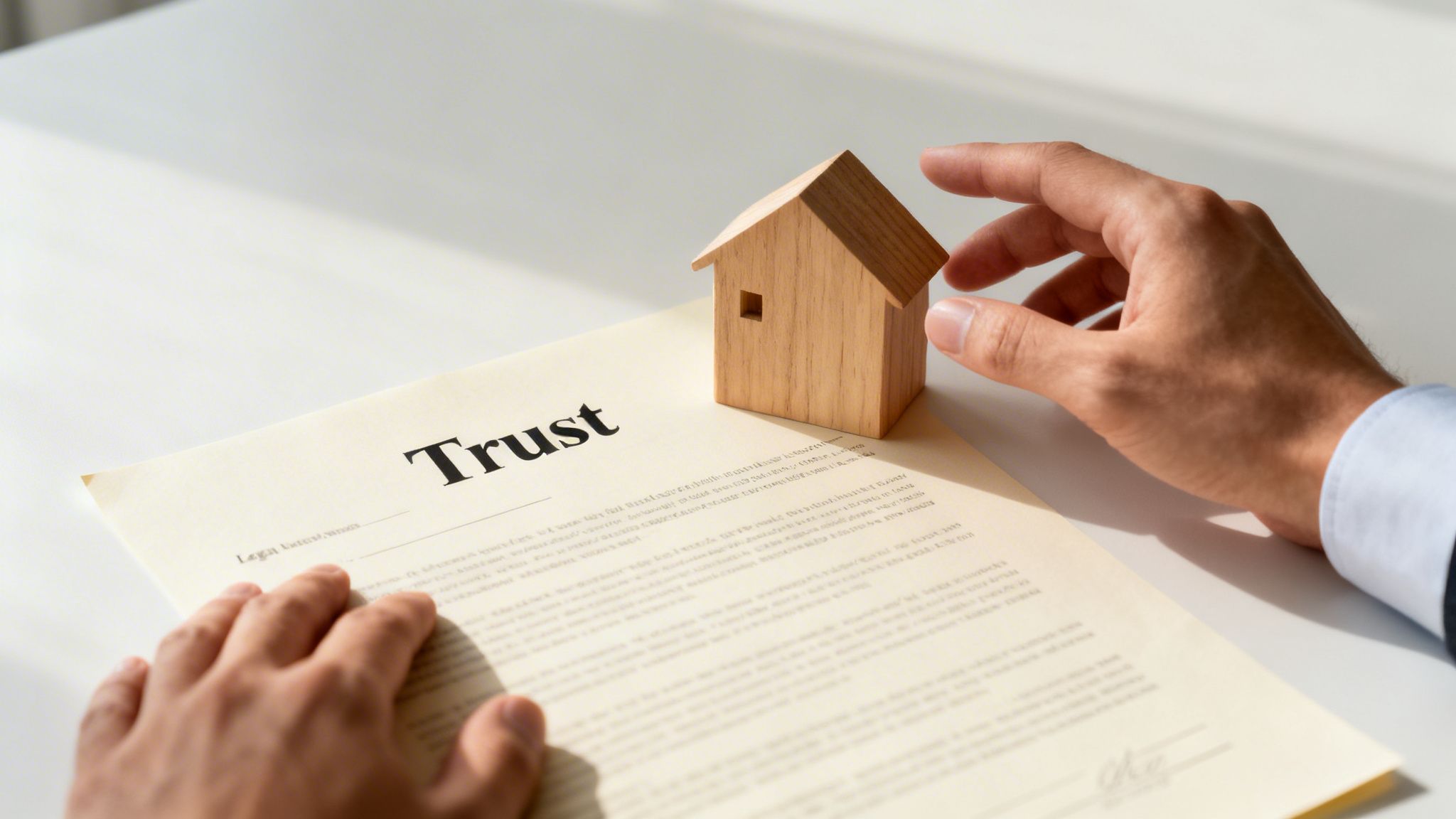 Hands interacting with a document prominently labeled "Trust" and a small wooden house model.