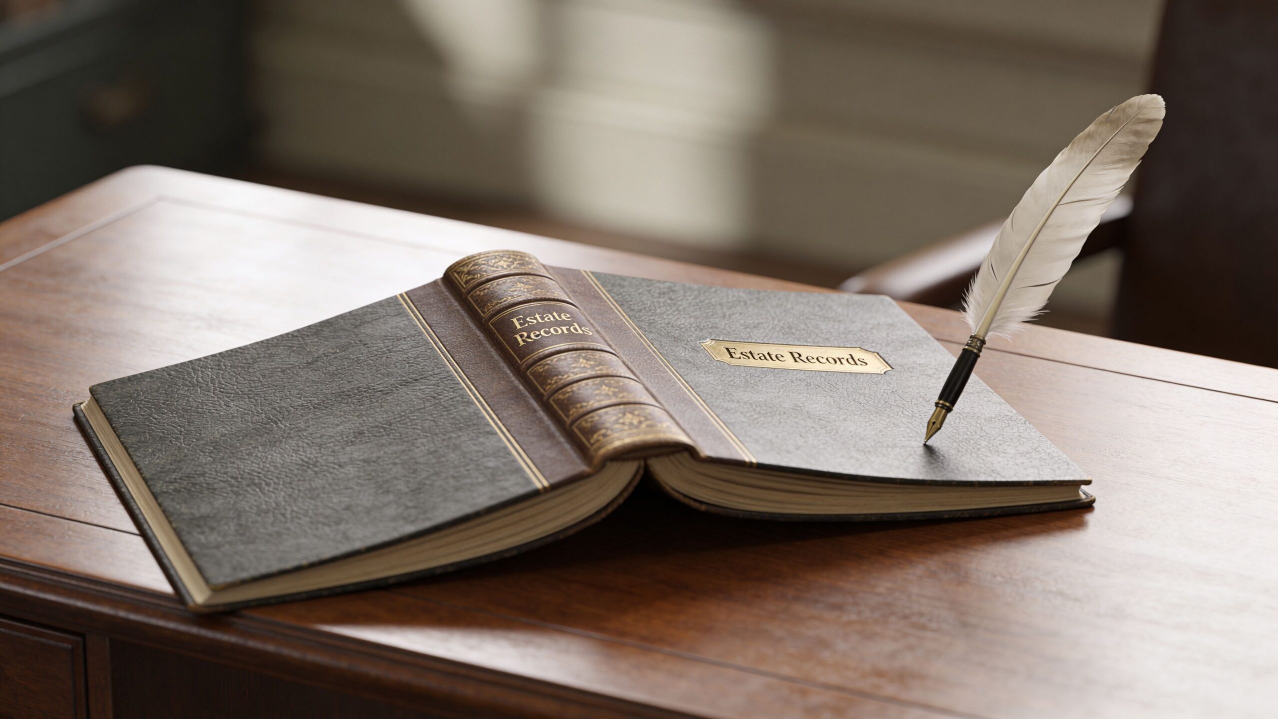 An open book titled Estate Records with a quill pen resting on it on a wooden desk.