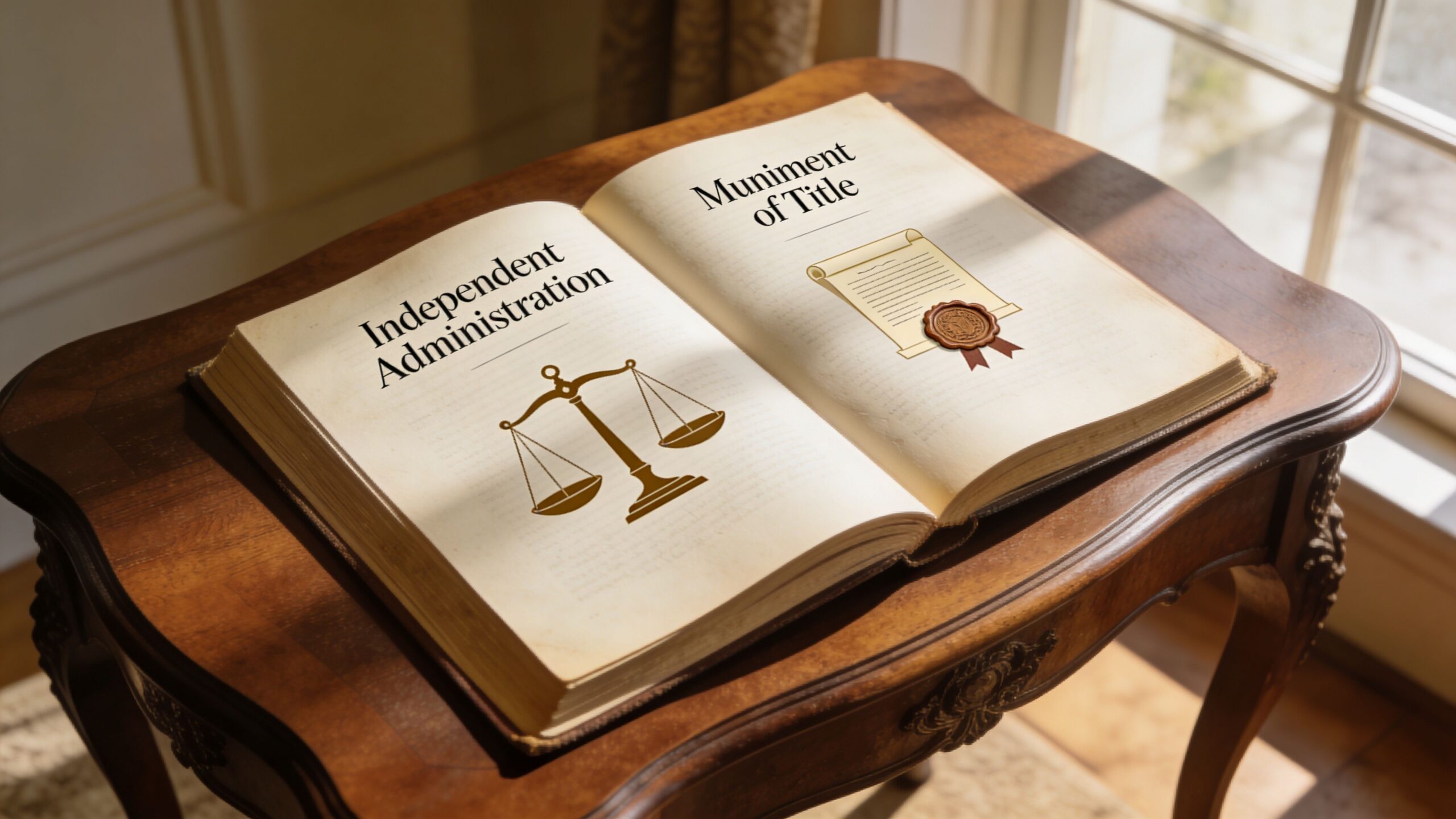 An open legal book on a wooden table displays the terms Independent Administration and Muniment of Title.