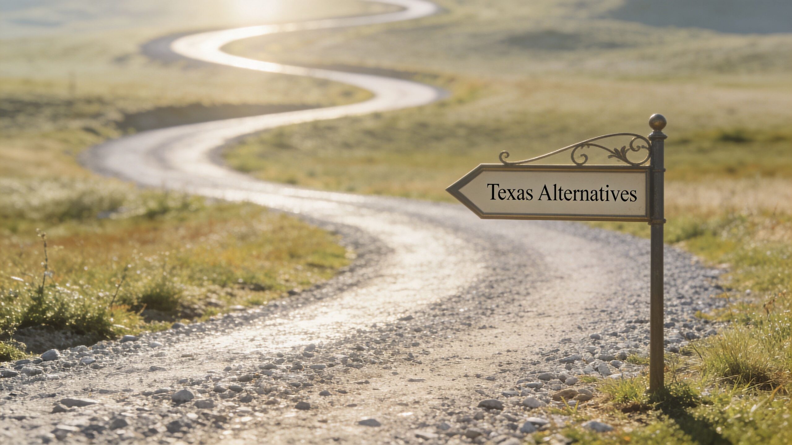 A dirt path curving through a grassy field with a signpost that reads Texas Alternatives.