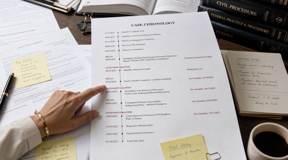 A legal case chronology document with timeline delays and deadline extensions displayed on a desk with office supplies.