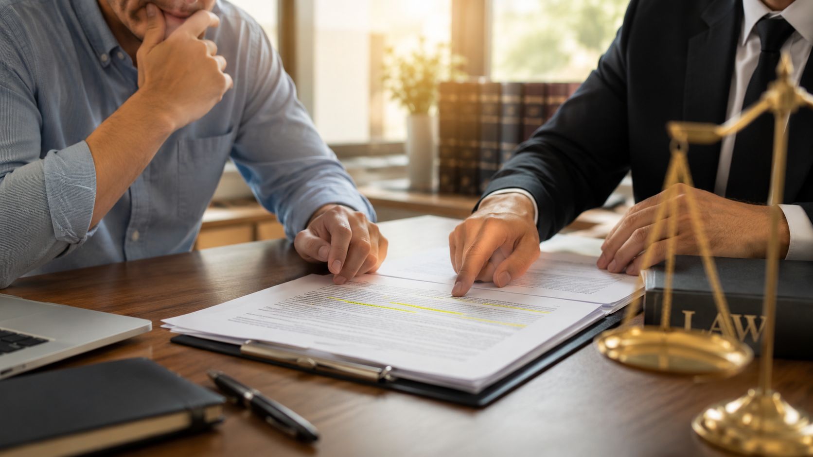 A professional attorney discussing legal documents with a client in a law office setting.
