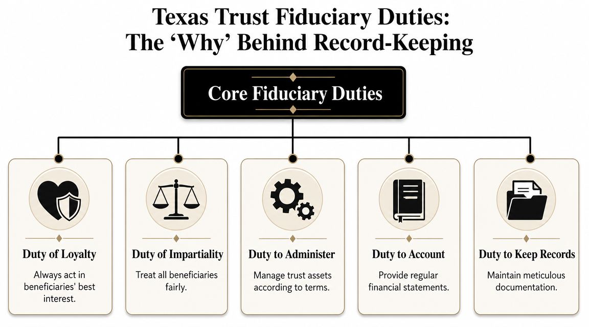 A chart illustrating the five core fiduciary duties for Texas trusts, including loyalty, impartiality, administration, accounting, and record-keeping.