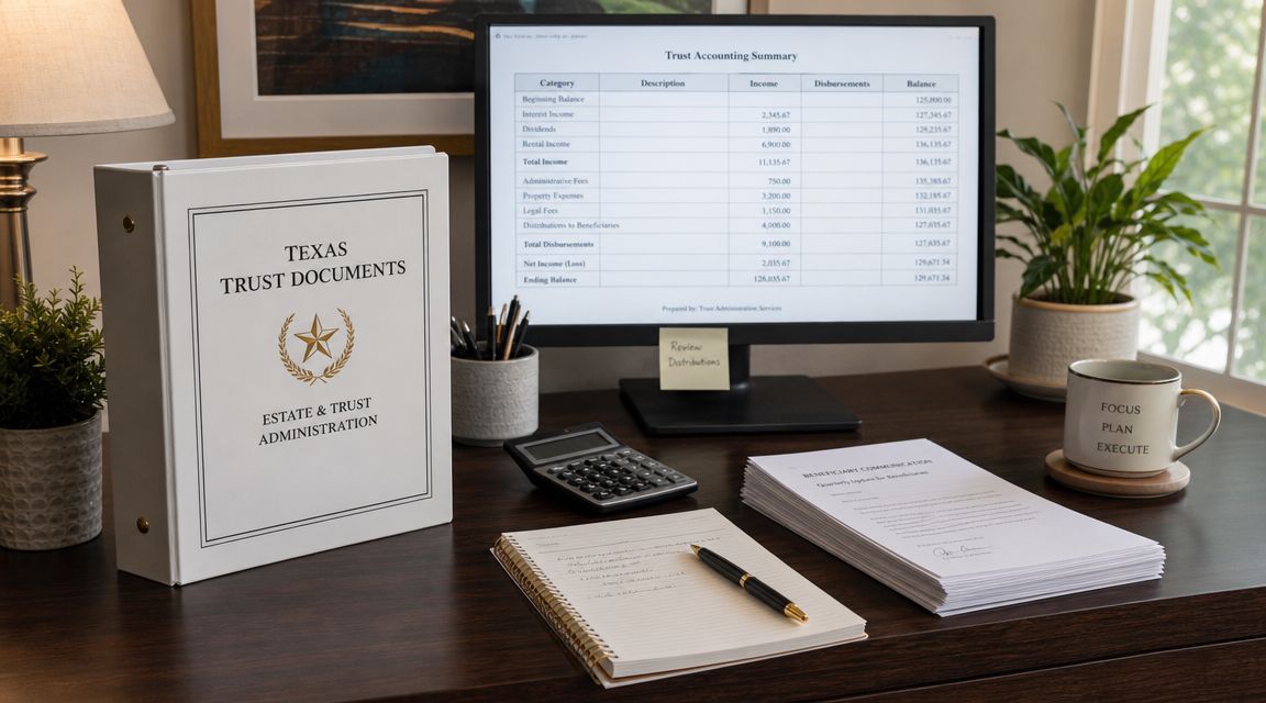 A professional desk setting featuring a Texas Trust Documents binder, financial accounting summary, and office supplies.
