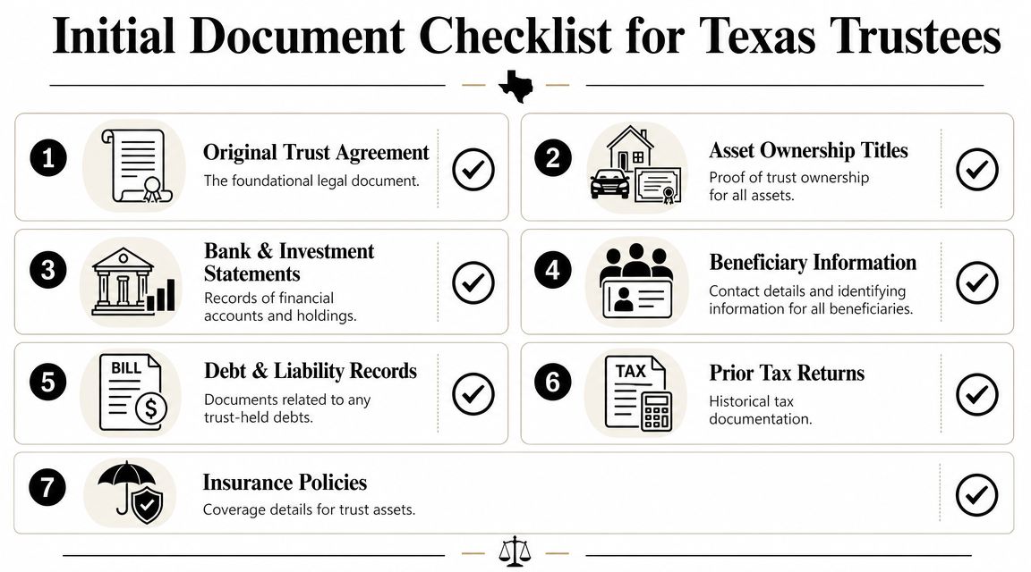 A checklist for Texas trustees detailing seven essential categories of documents for effective trust management and administration.