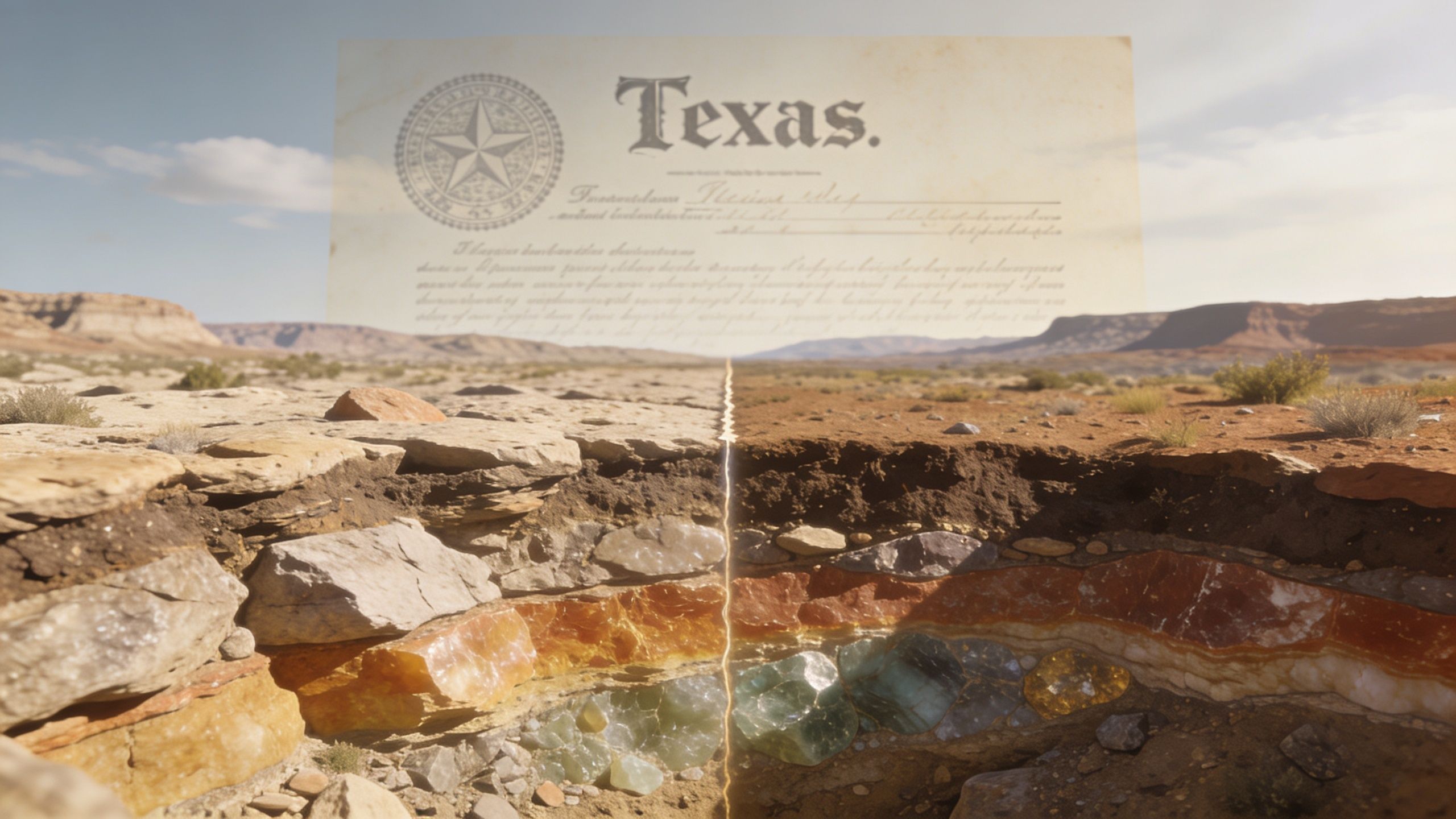 A conceptual image showing layered soil and crystalline mineral deposits under a parchment document titled Texas.