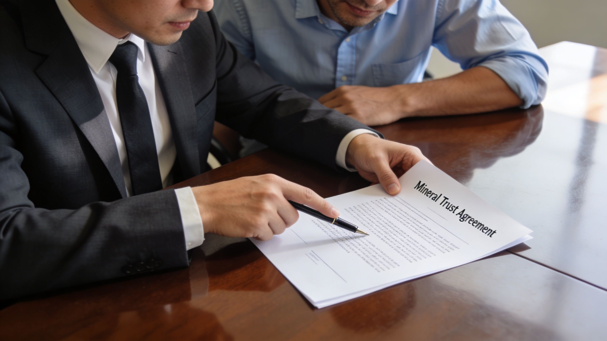 A professional man in a suit points to a Mineral Trust Agreement document during a legal consultation.