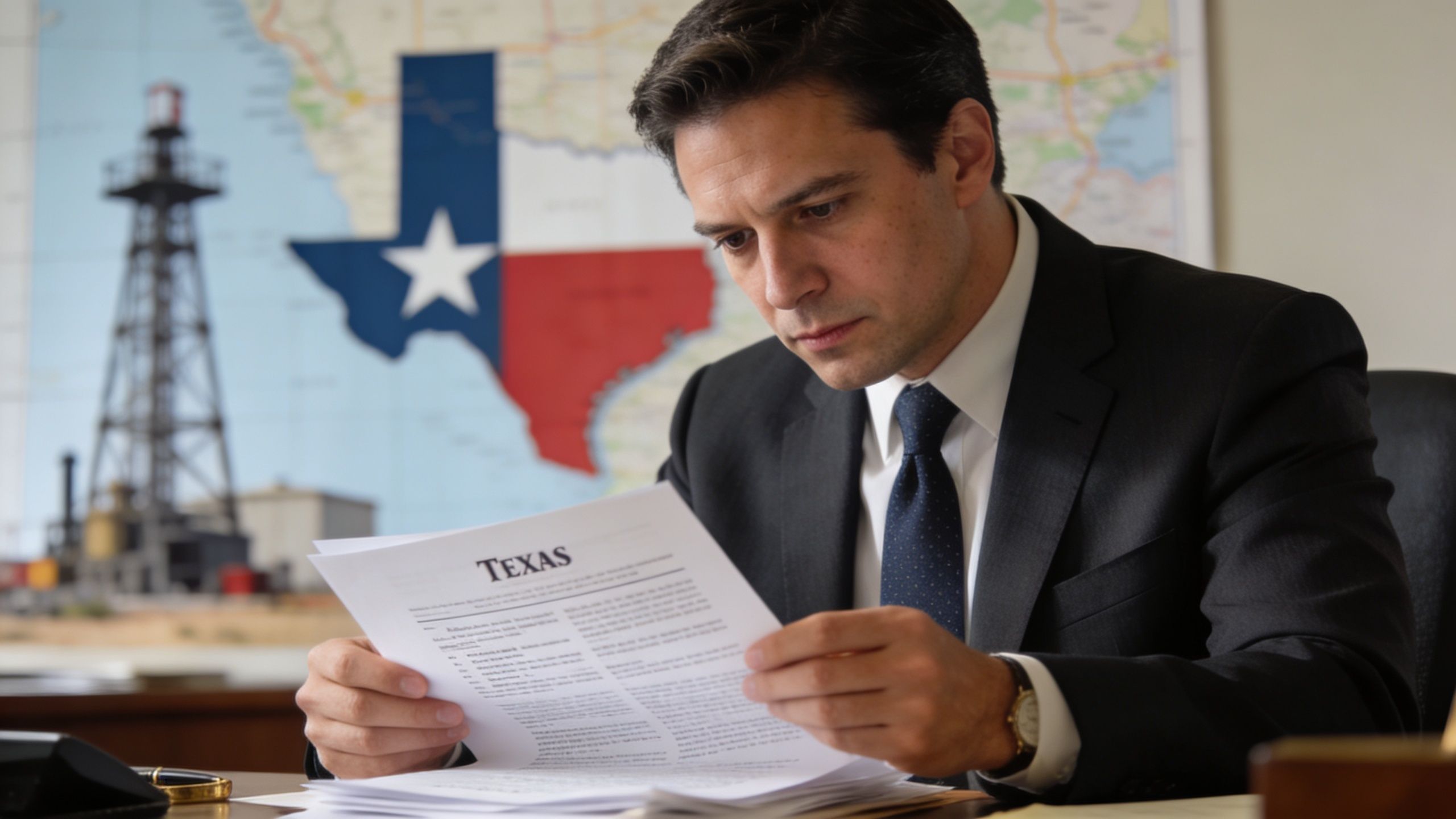 A professional man in a suit reads documents about Texas oil and gas interests in his office.