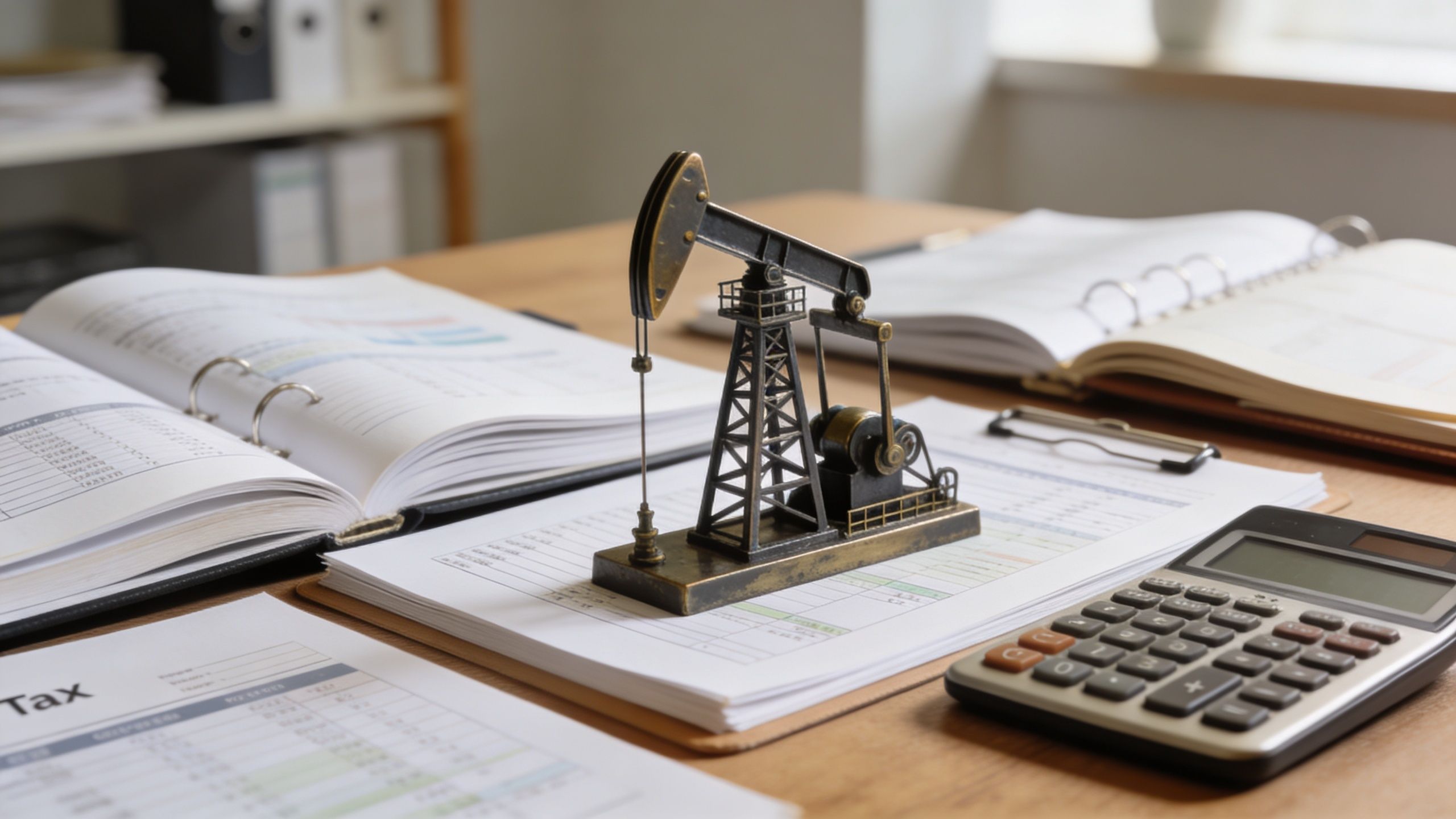 A miniature oil pump jack model placed on financial documents and tax forms with a calculator.