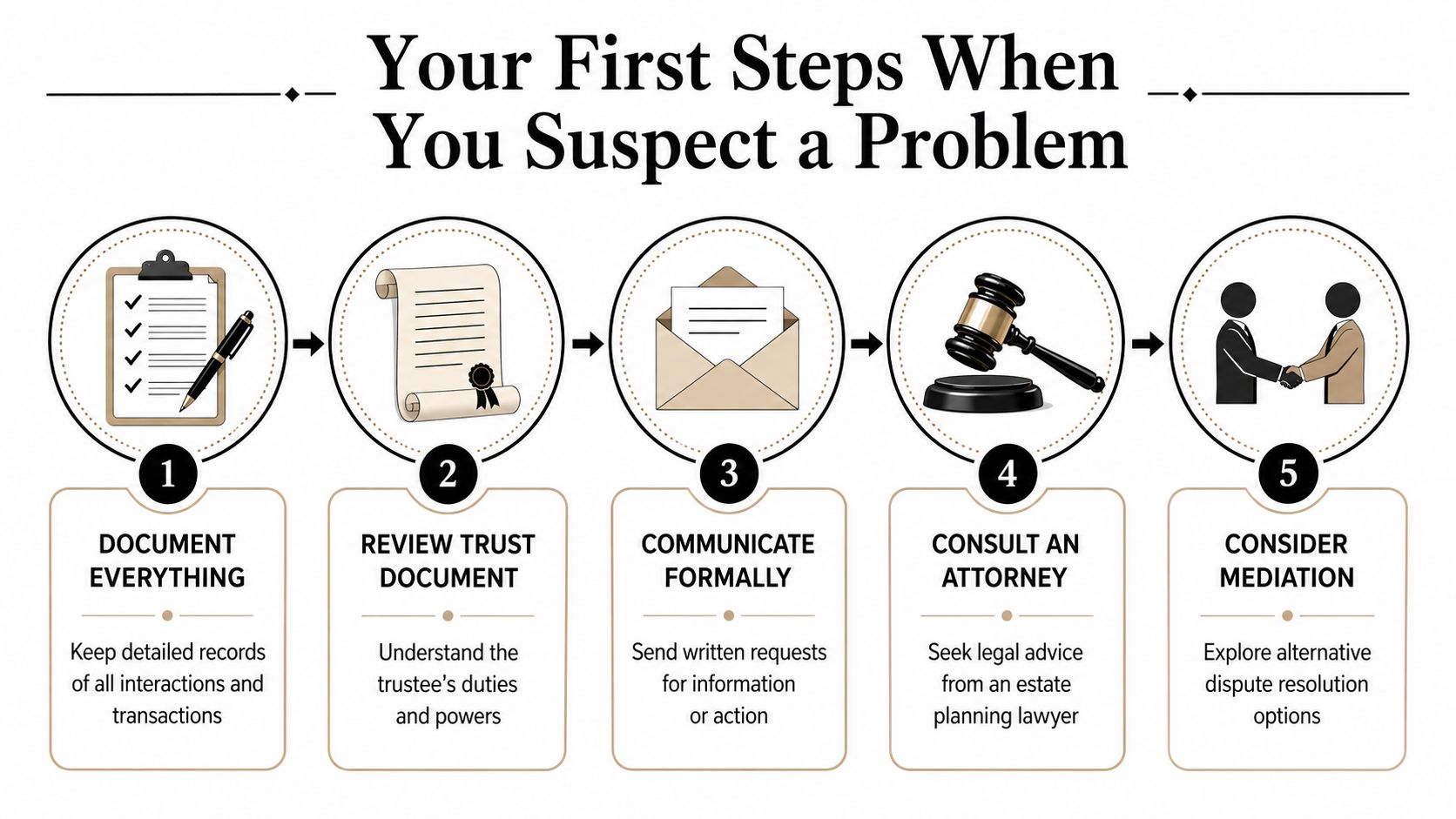 A five-step guide outlining actions to take when suspecting a problem with a trust or trustee.