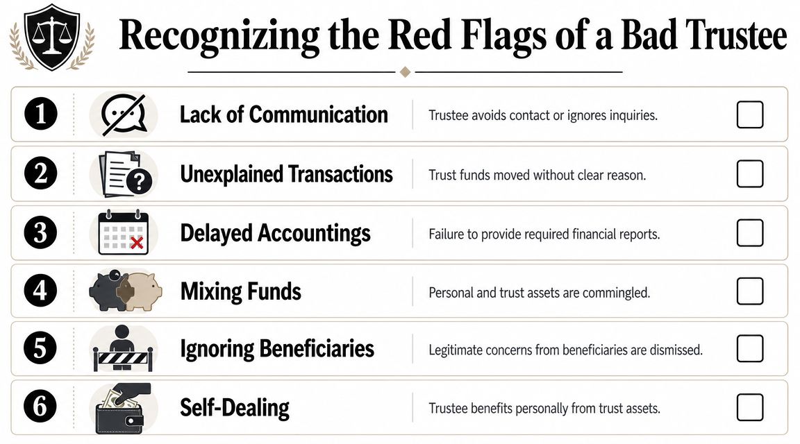 A checklist infographic titled Recognizing the Red Flags of a Bad Trustee, outlining six signs of trustee misconduct.