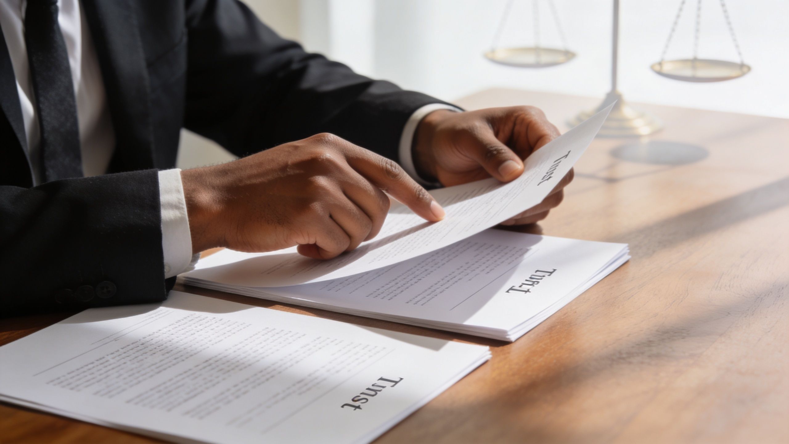 A professional attorney in a suit reviewing legal trust documents at a wooden desk with scales.