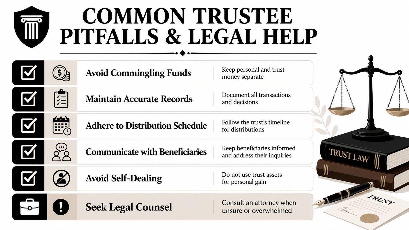 An infographic titled Common Trustee Pitfalls listing six essential legal tips for managing a trust effectively.