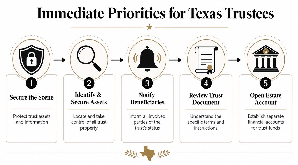 A five-step infographic outlining the immediate responsibilities for a Texas trustee managing a trust estate.