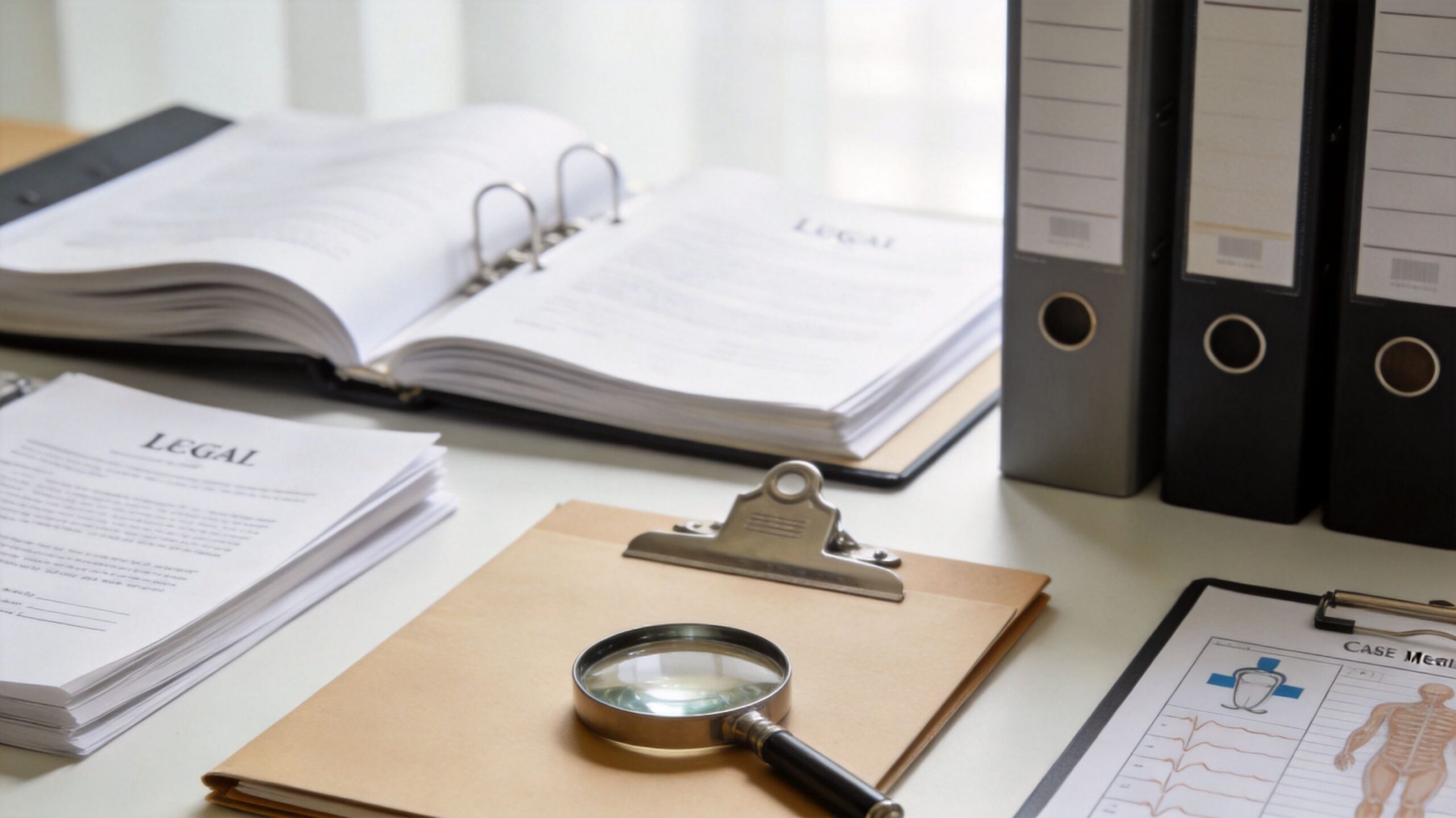A legal office desk setup with files, documents, and a magnifying glass for case investigations.