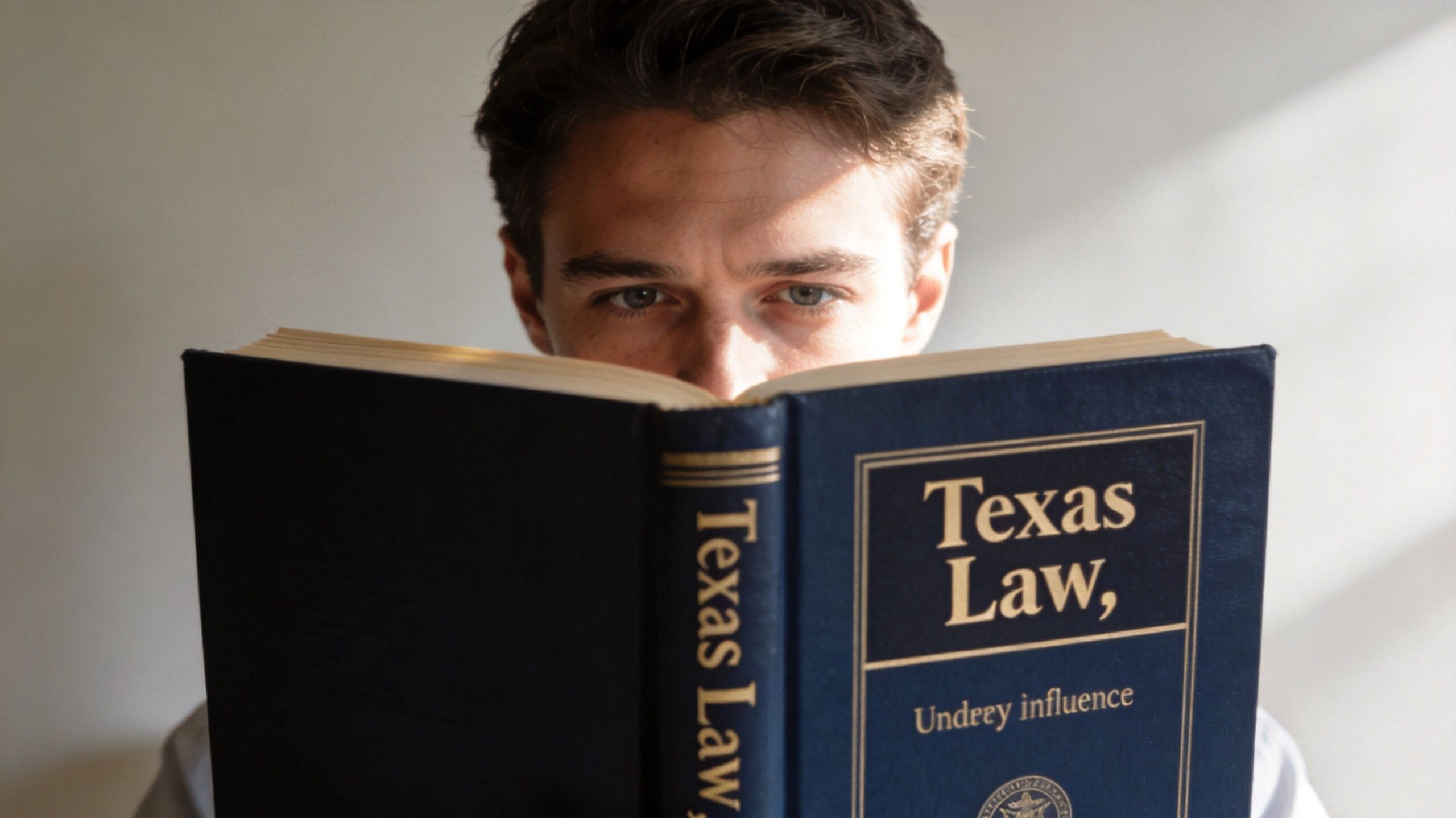 A young man intensely reading a blue book titled Texas Law, Undue Influence, focusing on legal studies.