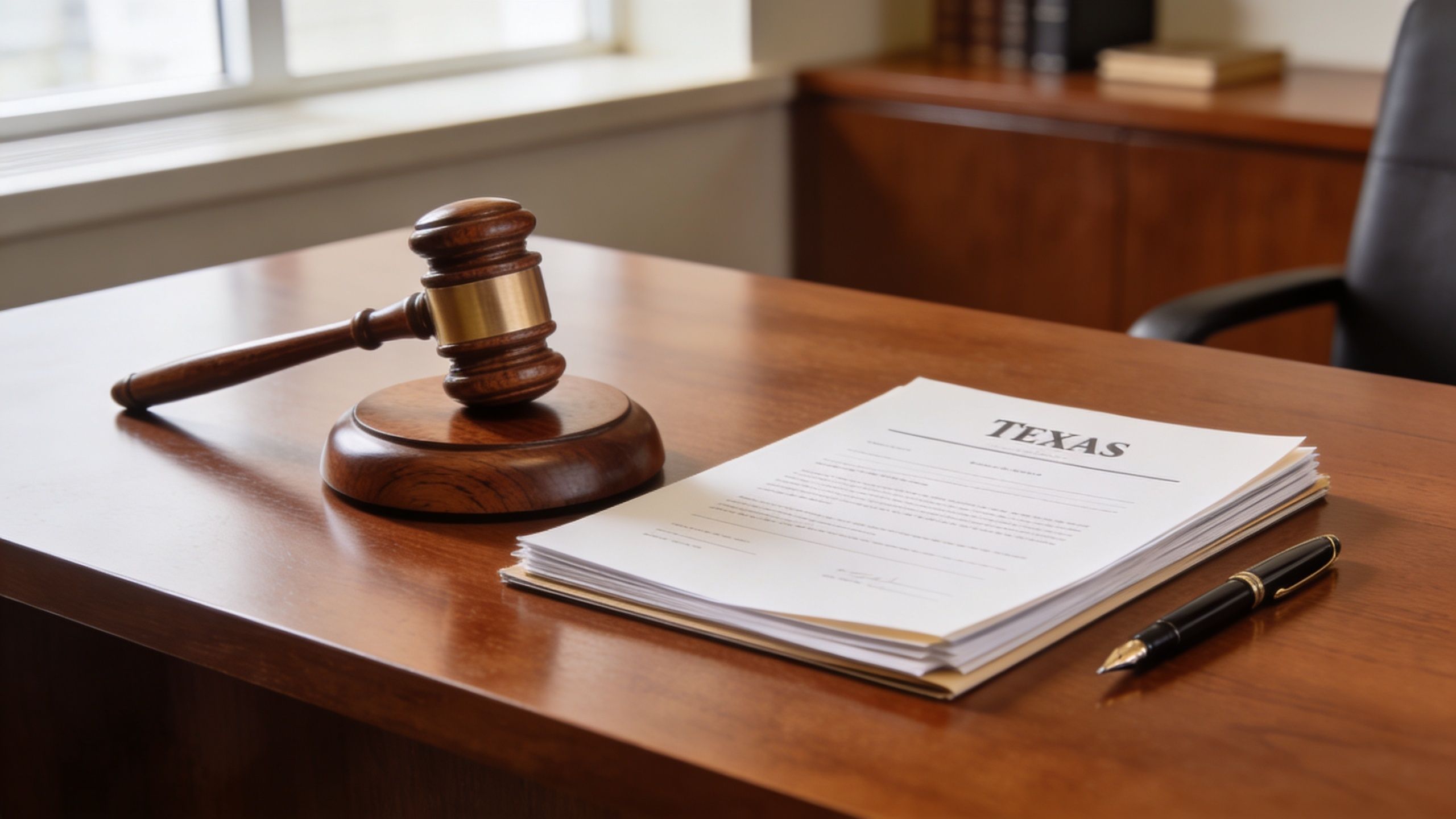 A wooden gavel and a legal document labeled Texas rest on a mahogany office desk.