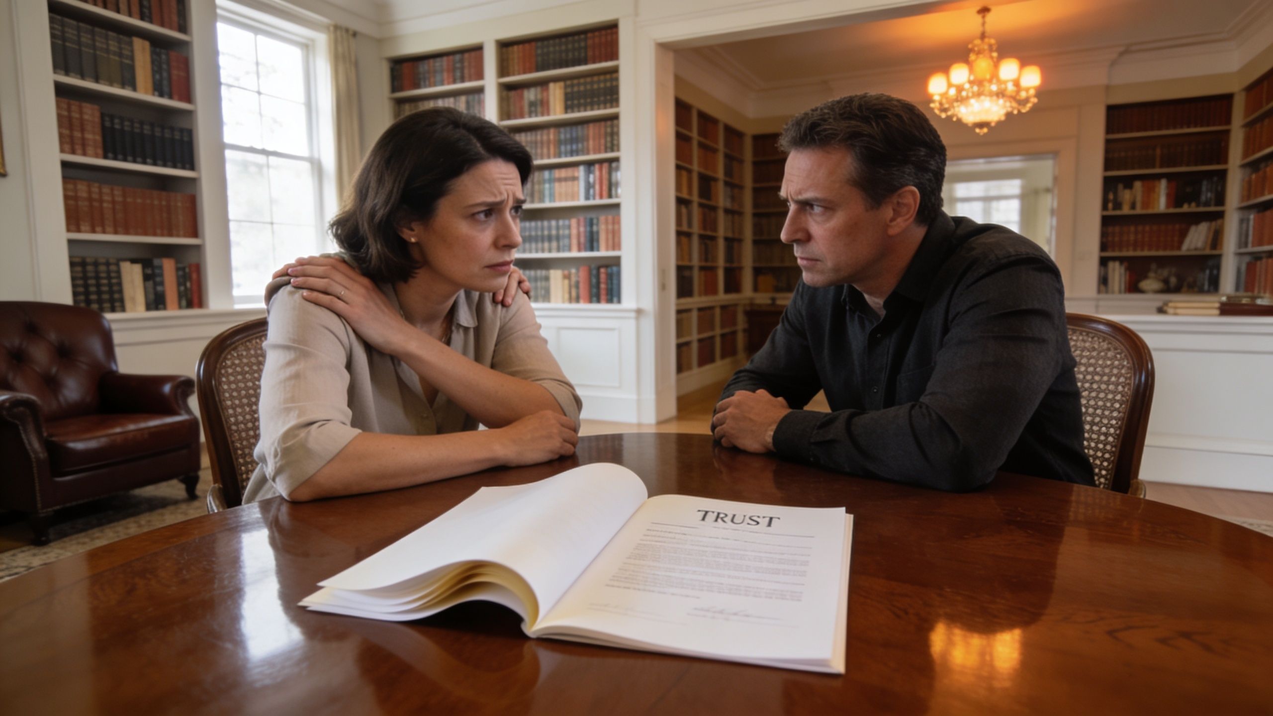 A concerned couple sitting at a wooden table reviewing a legal document titled TRUST in a library.