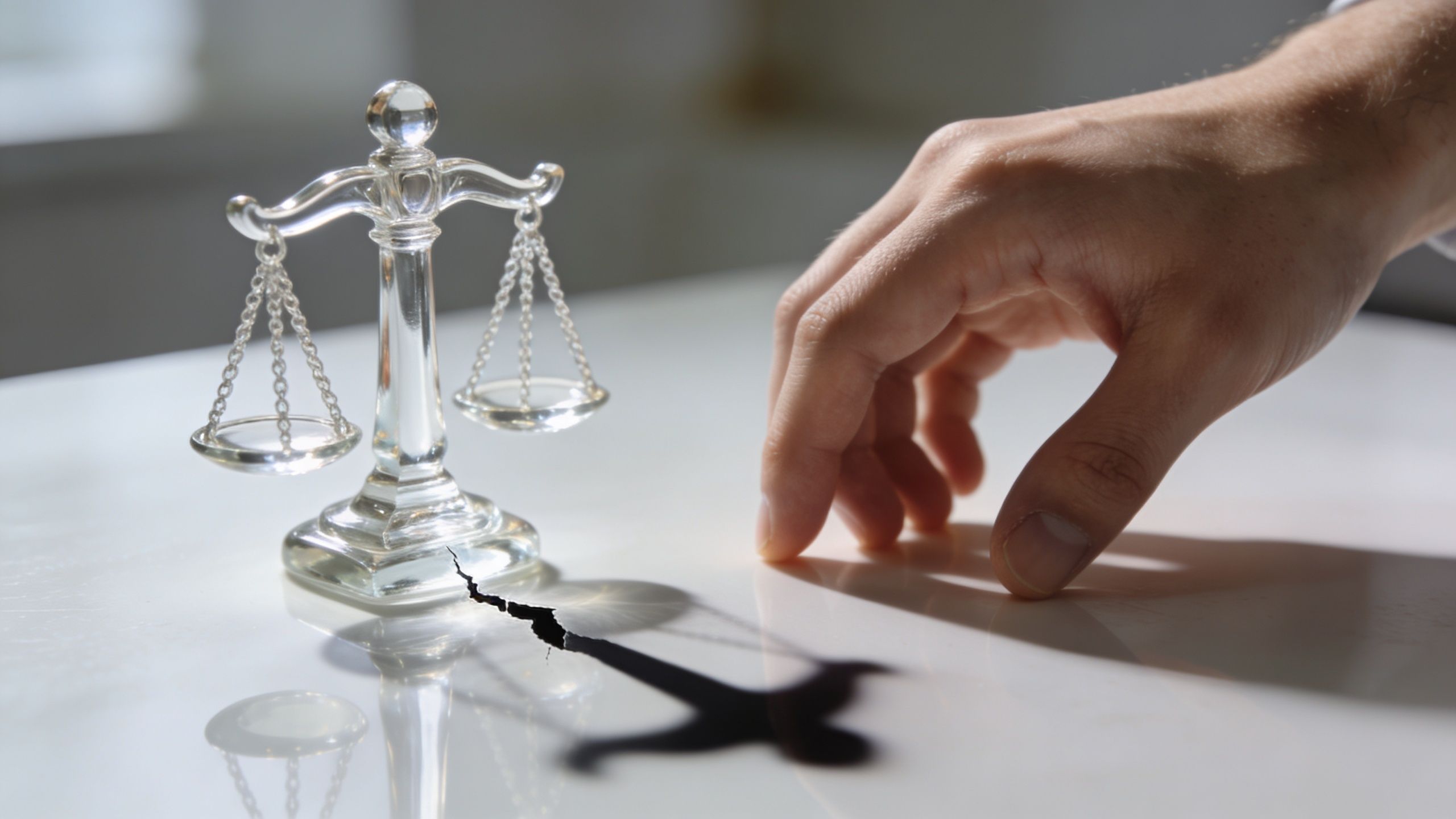 A glass scale of justice sitting on a white table with a crack and a shadowy figure.