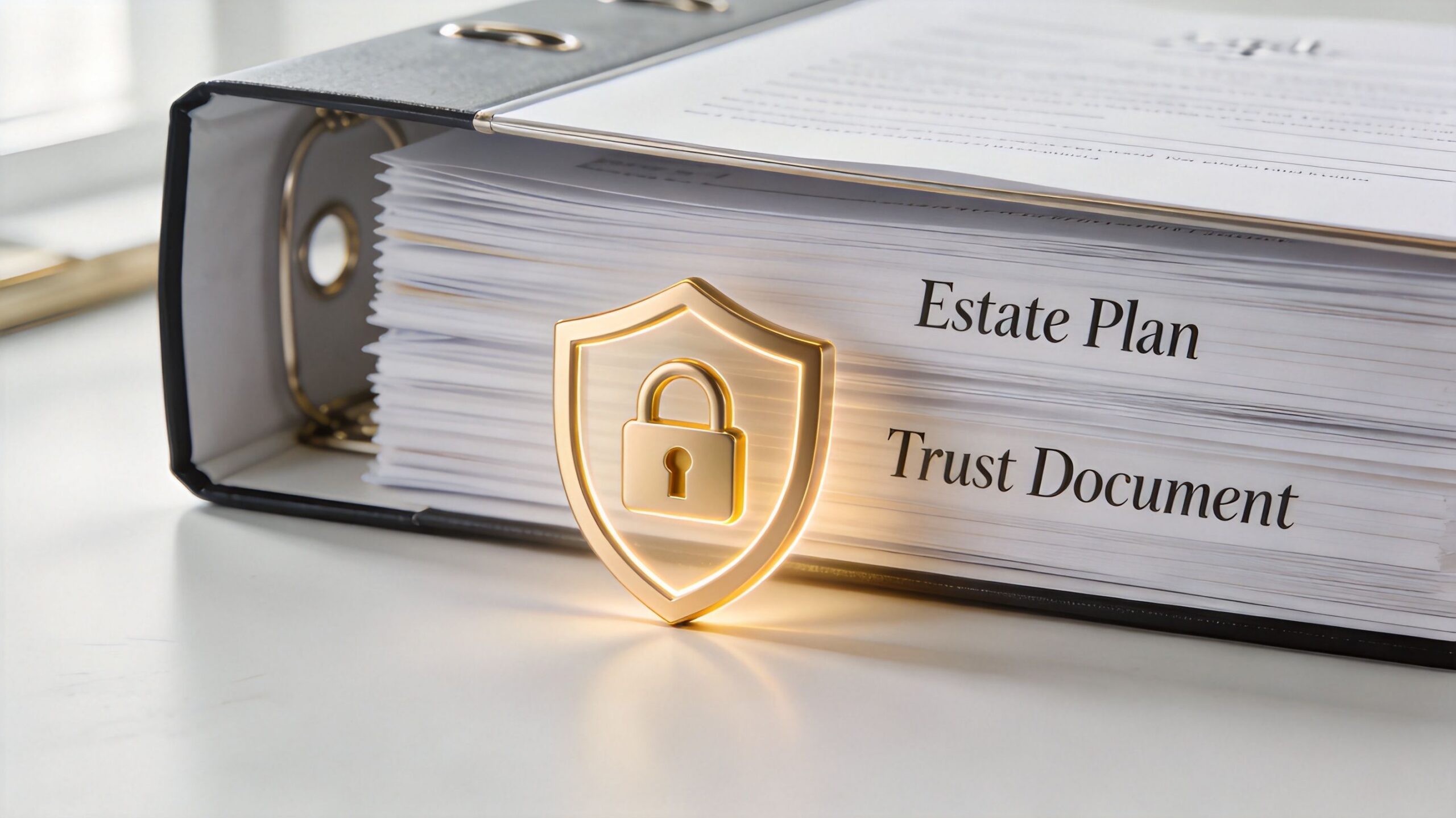 A black binder labeled Estate Plan and Trust Document with a gold shield and lock icon.